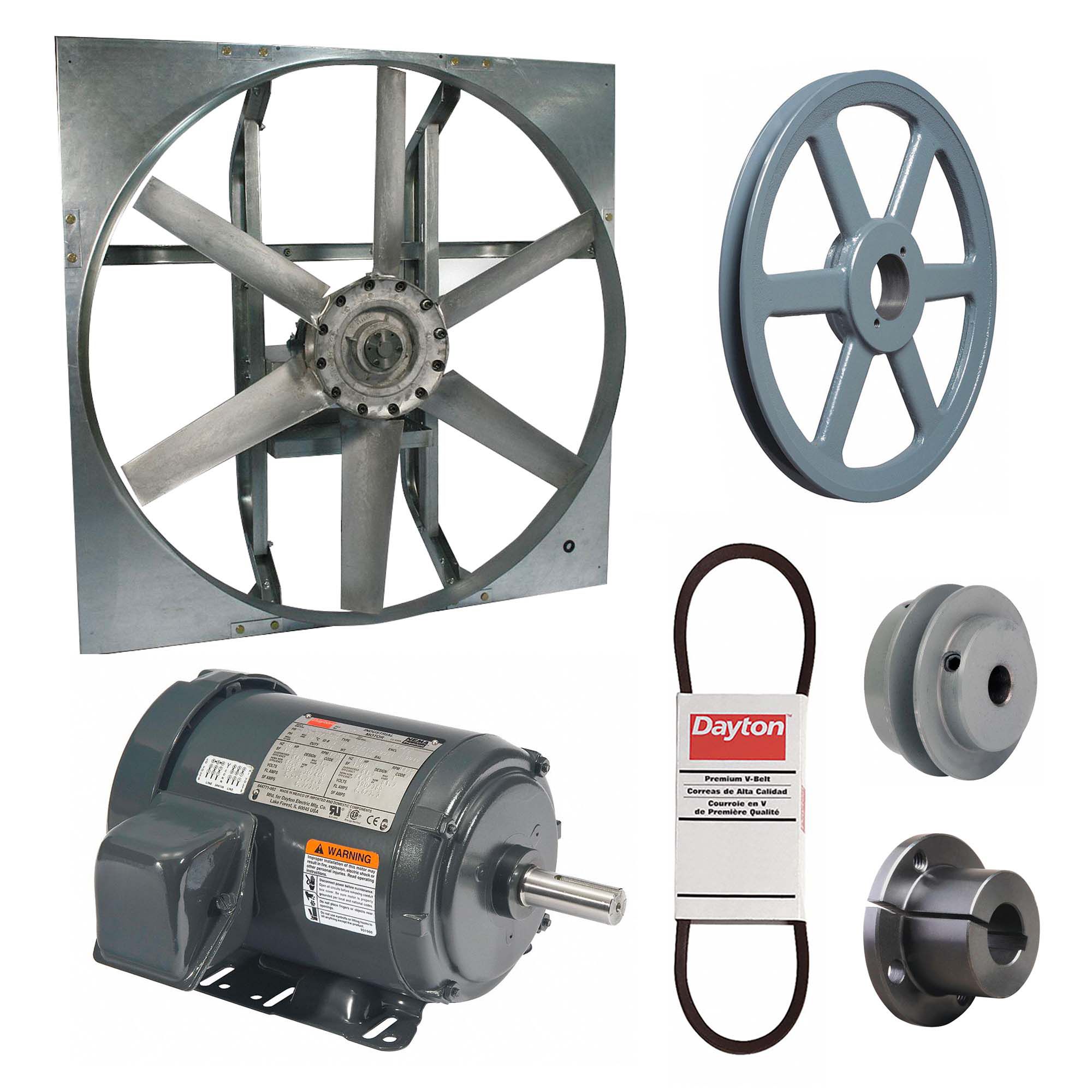 Exhaust Fan with Drive Package: Belt Drive, 48 in Blade, 1 1/2 hp, 26, 377 cfm, 208-230/460V AC, 3 ph