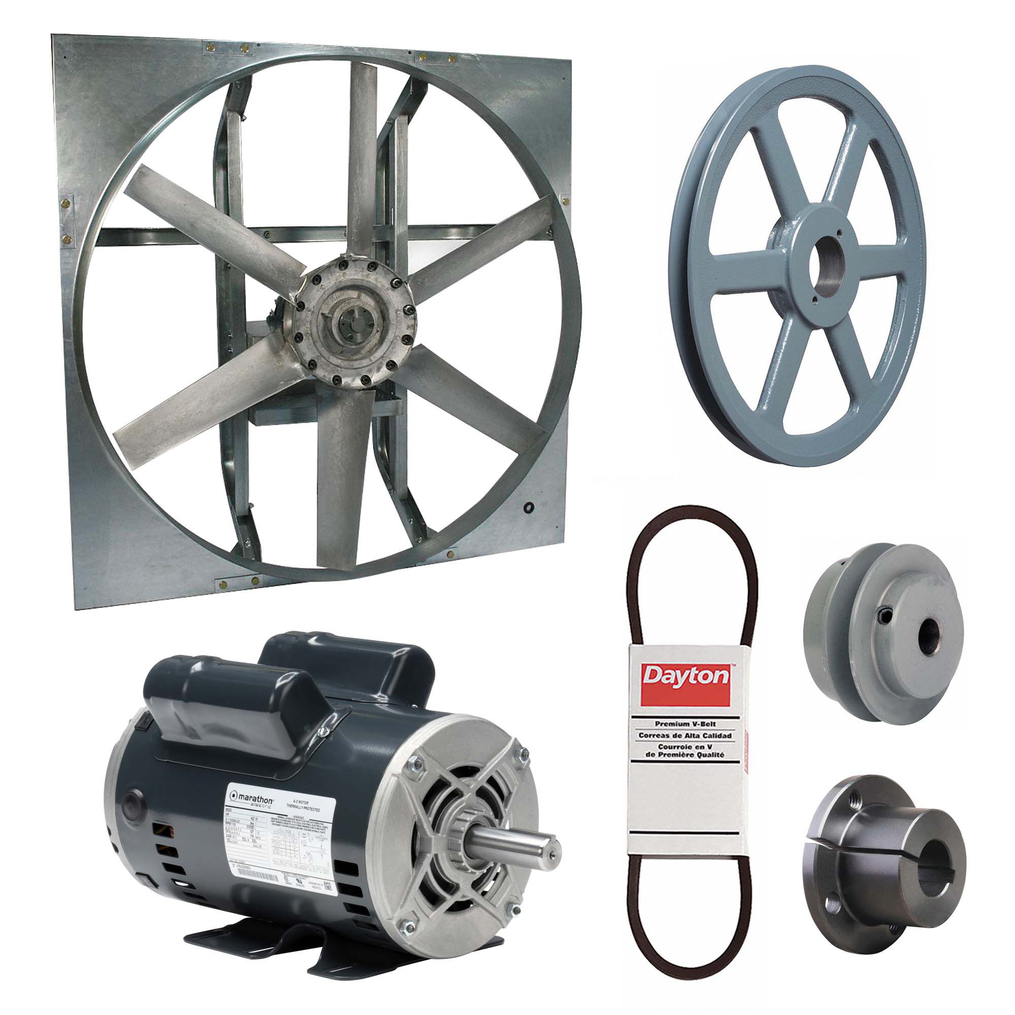 Exhaust Fan with Drive Package: Belt Drive, 54 in Blade, 2 hp, 29, 332 cfm, 115/208-230V AC, 1 ph