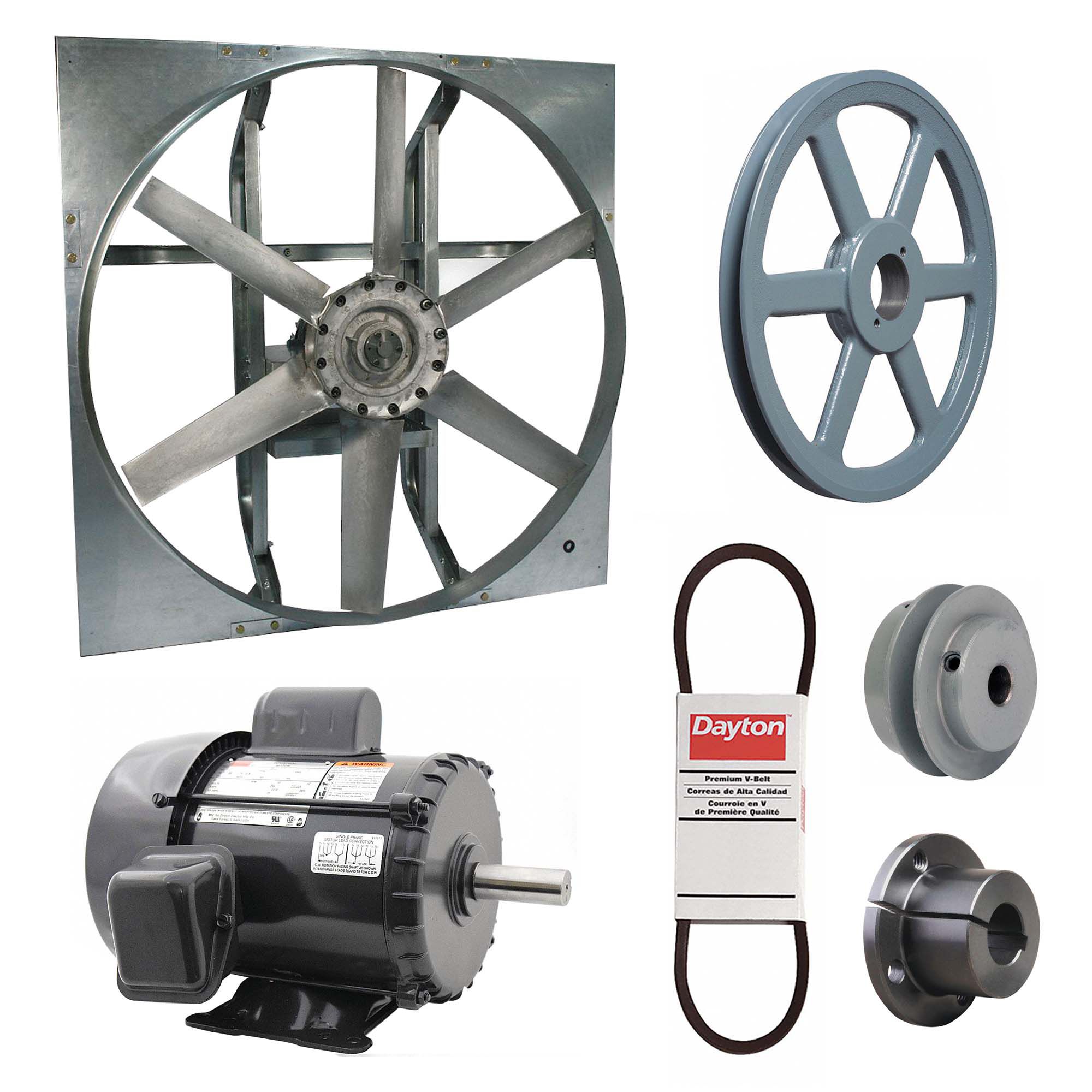 Exhaust Fan with Drive Package: Belt Drive, 54 in Blade, 2 hp, 29, 332 cfm, 115/230V AC, 1 ph