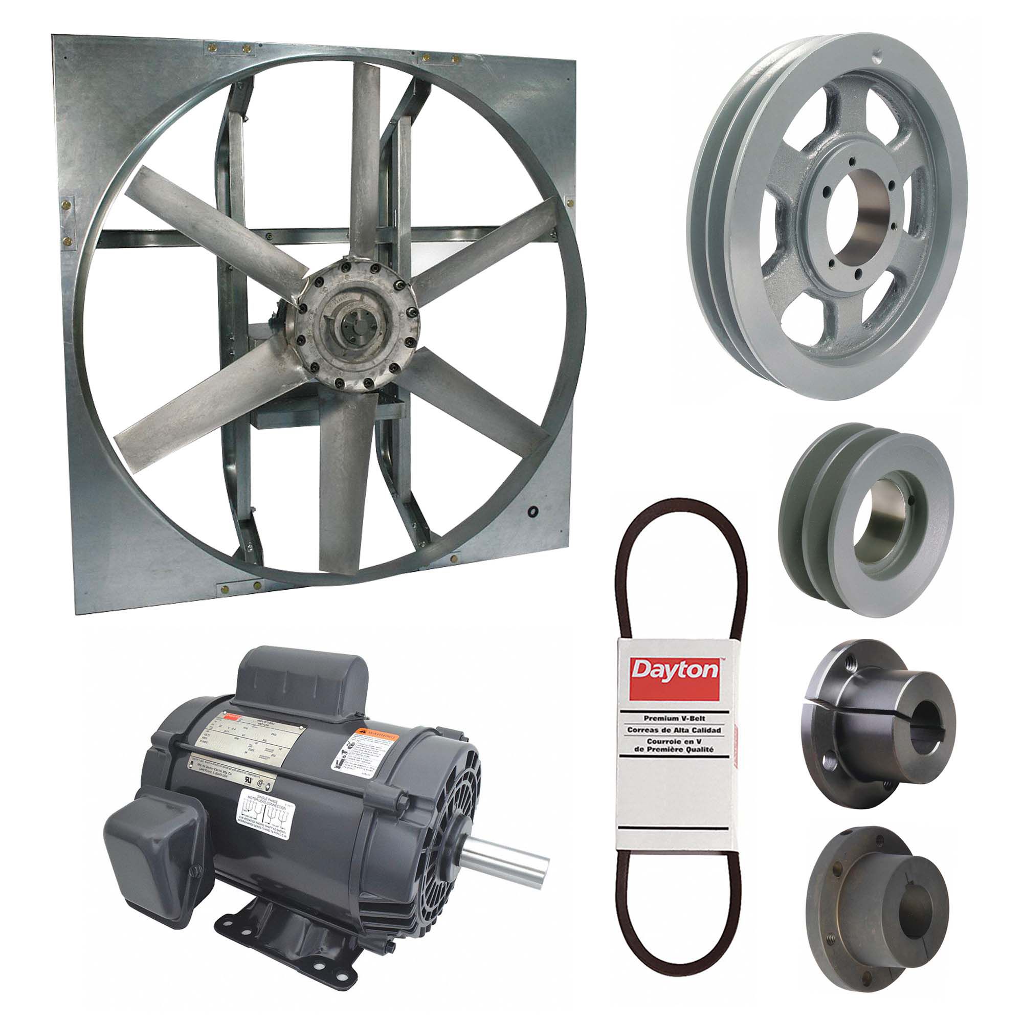 Exhaust Fan with Drive Package: Belt Drive, 60 in Blade, 3 hp, 40, 778 cfm, 115/230V AC, 1 ph