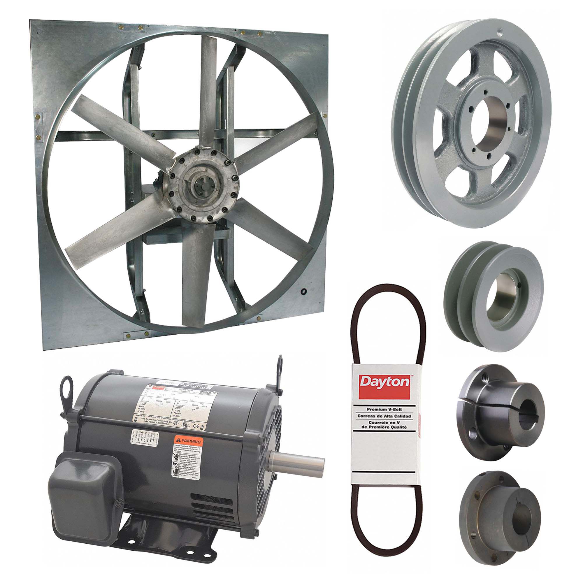 Exhaust Fan with Drive Package: Belt Drive, 60 in Blade, 3 hp, 40, 778 cfm, 208-230/460V AC, 3 ph