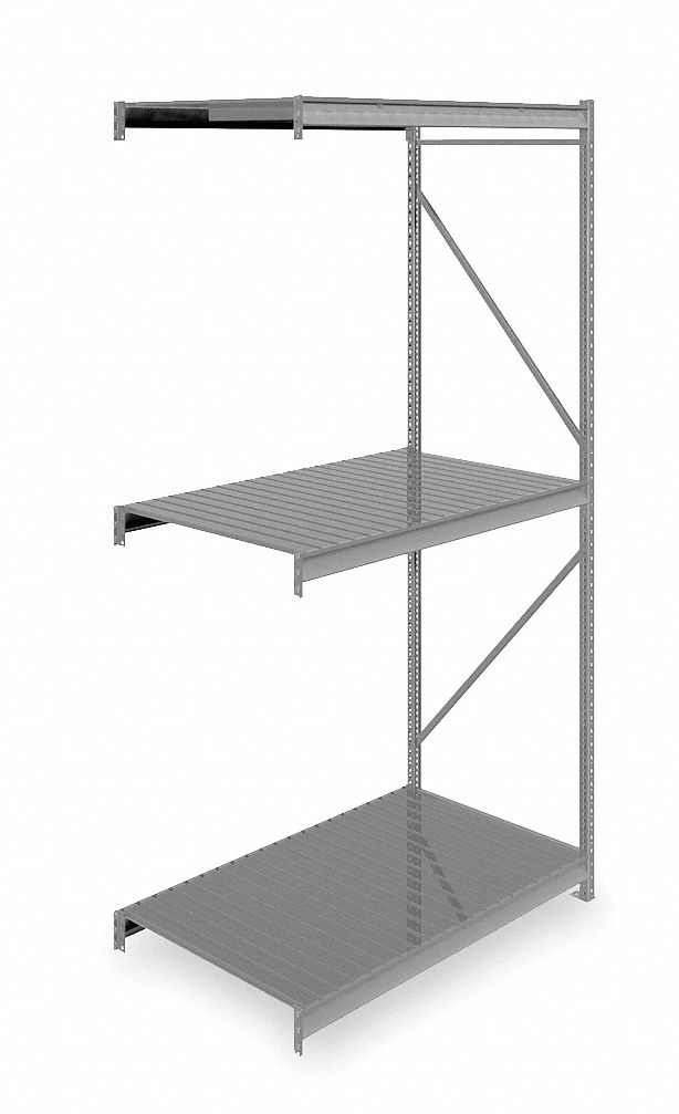 Bulk Storage Rack: Add-On, Heavy-Duty, 60 in x 36 in x 120 in, Ribbed Steel, 3 Shelves