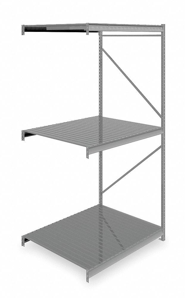 Bulk Storage Rack: Add-On, Heavy-Duty, 60 in x 48 in x 120 in, Ribbed Steel, 3 Shelves