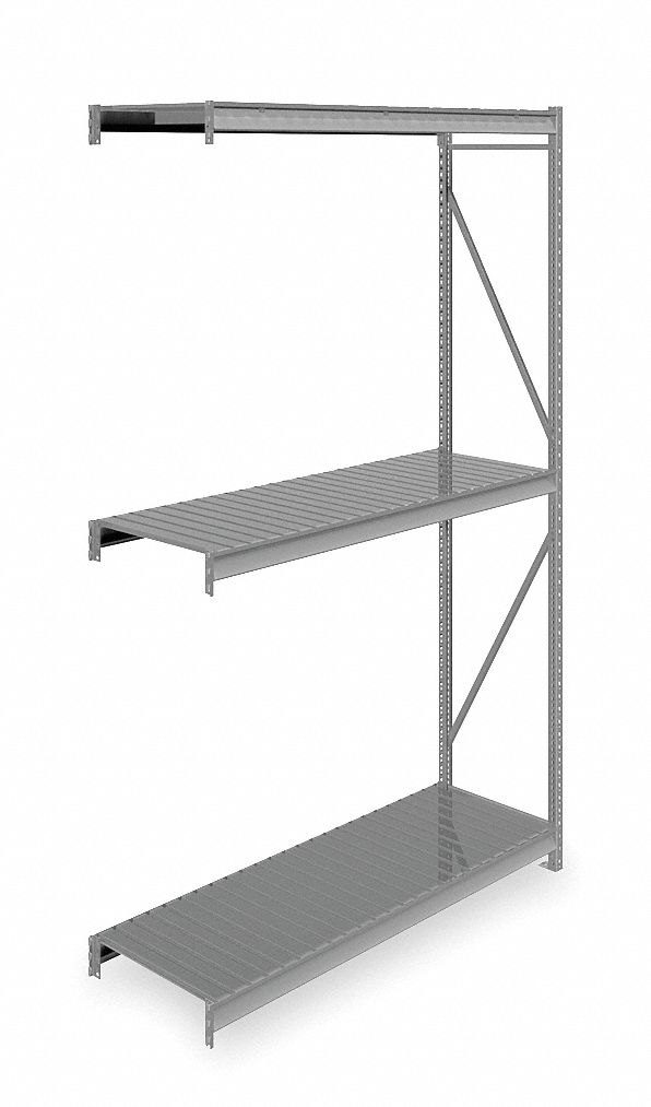 Bulk Storage Rack: Add-On, Heavy-Duty, 72 in x 24 in x 120 in, Ribbed Steel, 3 Shelves