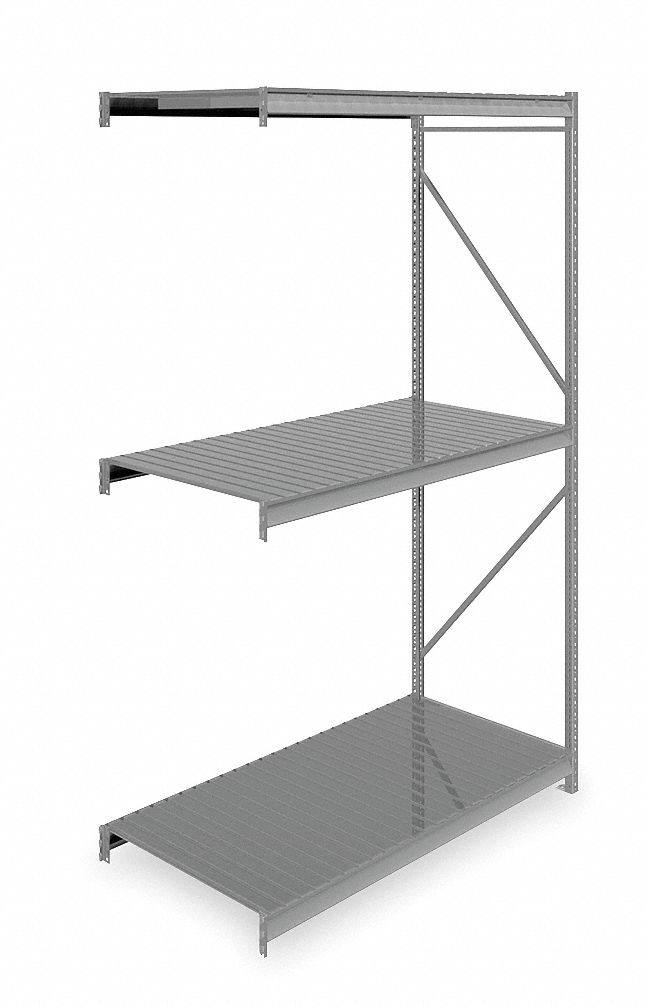 Bulk Storage Rack: Add-On, Heavy-Duty, 72 in x 36 in x 120 in, Ribbed Steel, 3 Shelves