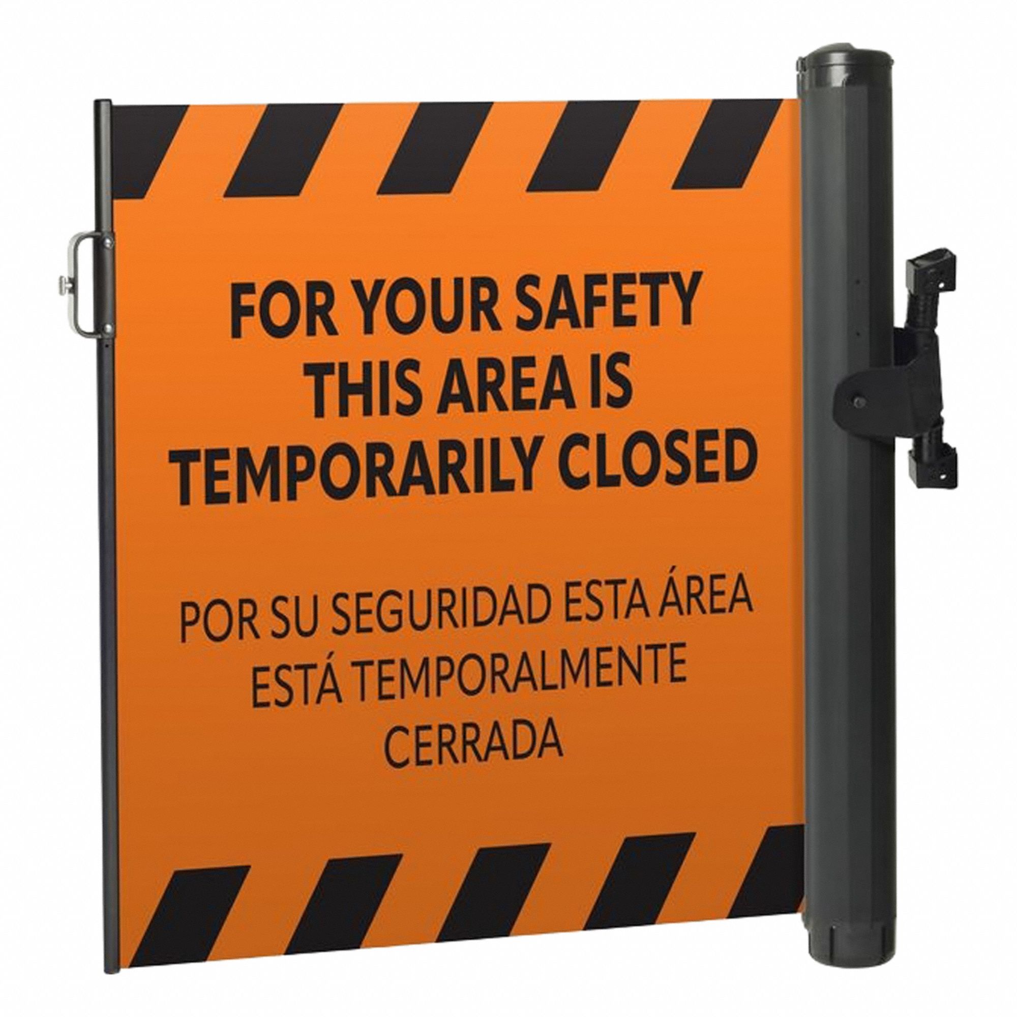 MODUS Mounted Barrier: Fixed Mount, 11 1/2 ft Belt Lg, Restricted Access Messaging, Orange (MPN ZP+EMPP-O-PTL). Key specifications — Message Color: Black; Frame Color: Black; Brand: MODUS; Belt Color: Orange.