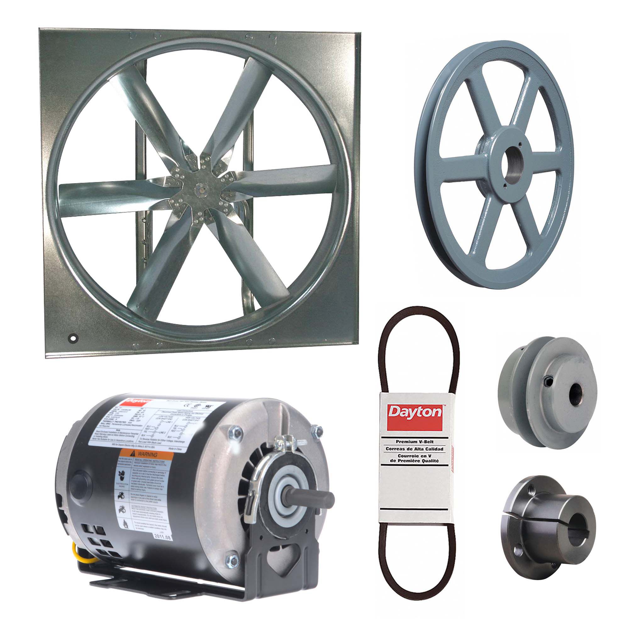 Supply Fan w/Drive Package: Belt Drive, 24 in Blade, Open Dripproof, 4, 826 cfm, 1 ph, 1/4 hp