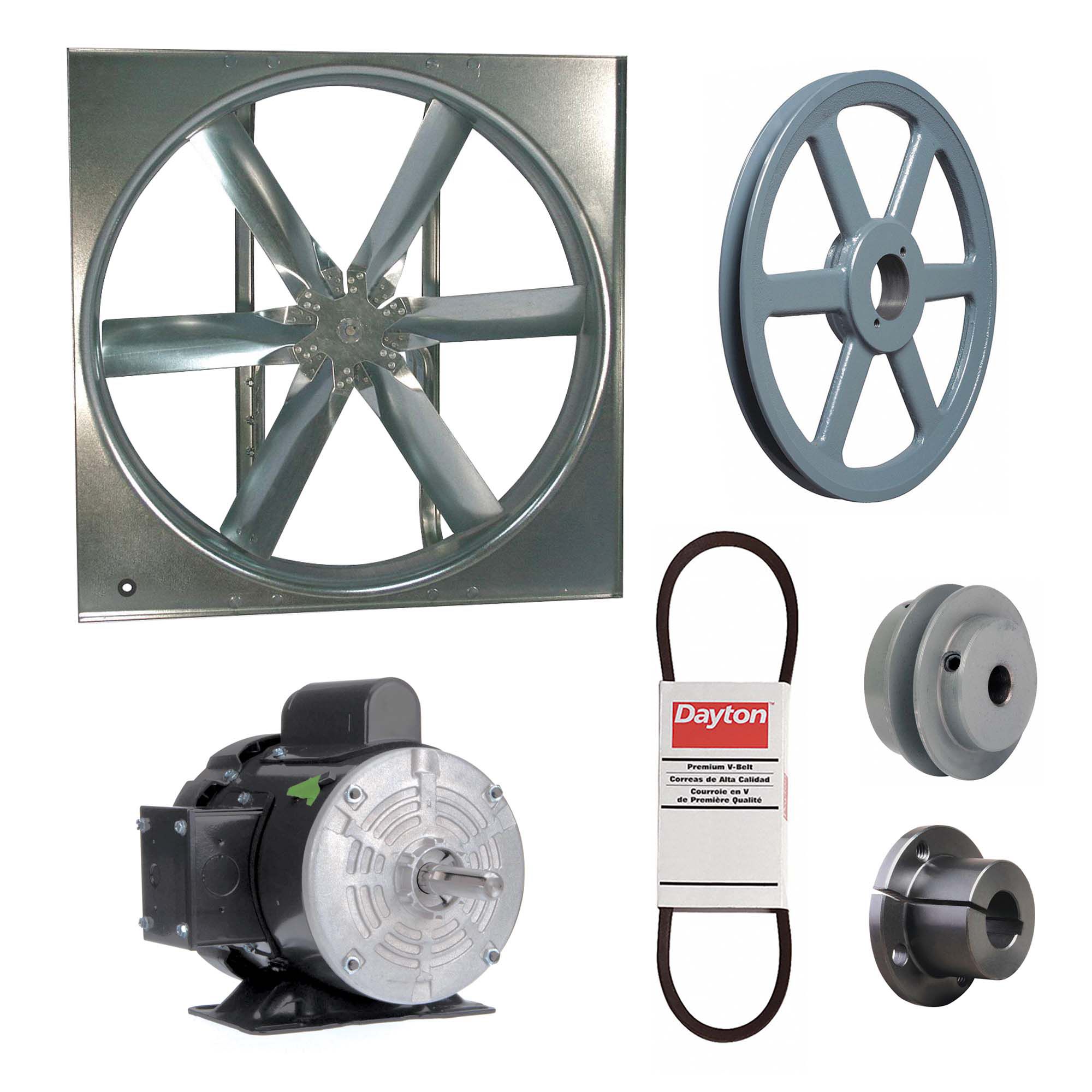 Supply Fan w/Drive Package: Belt Drive, 24 in Blade, Totally Enclosed, 4, 826 cfm, 1 ph