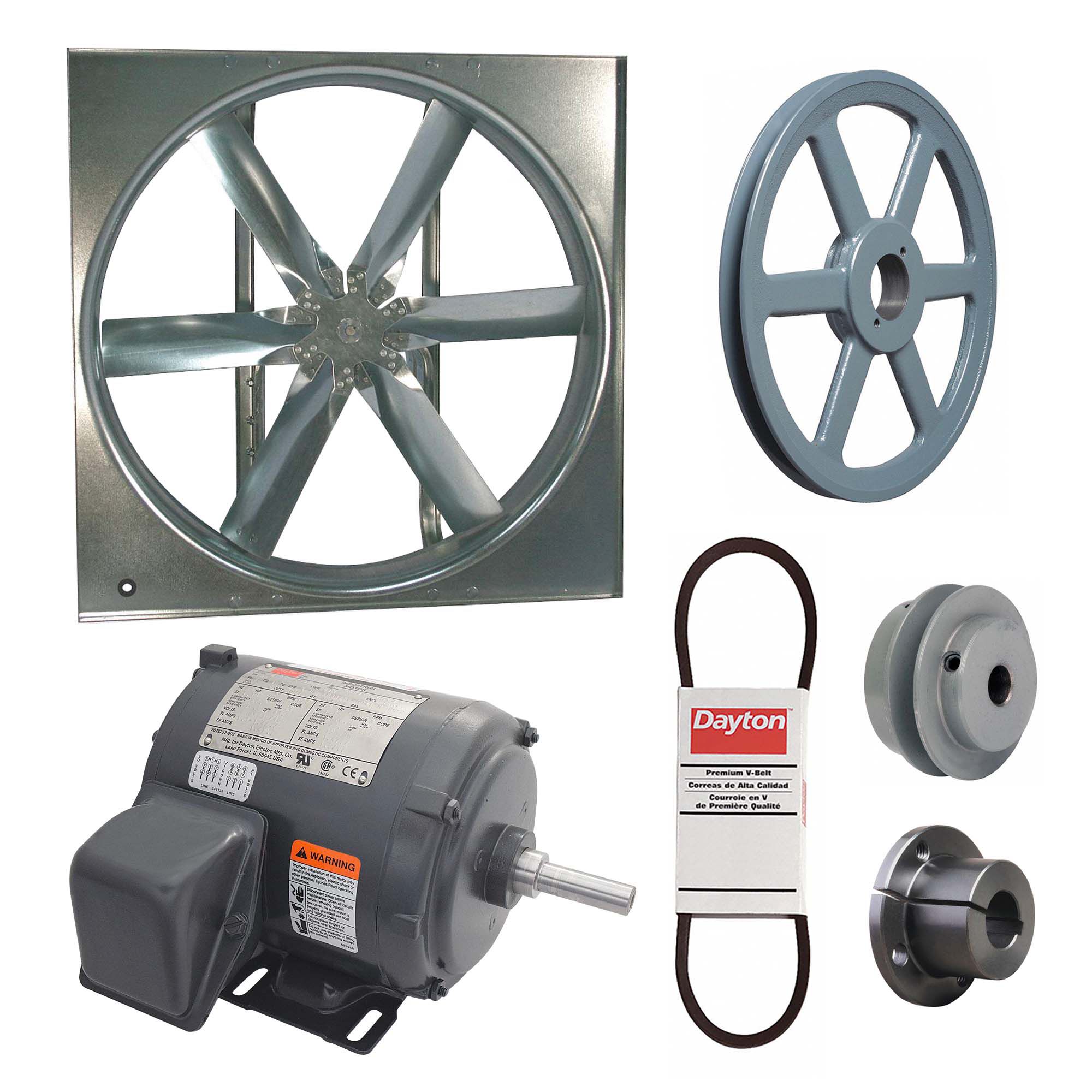 Supply Fan w/Drive Package: Belt Drive, 24 in Blade, Totally Enclosed, 4, 826 cfm, 230/460V AC