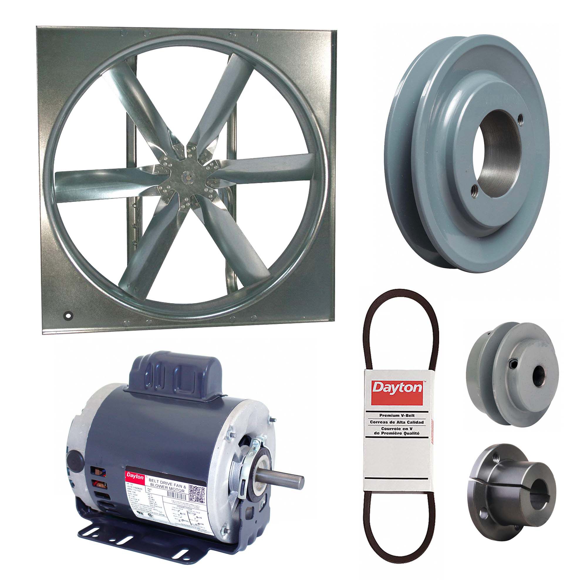 Supply Fan w/Drive Package: Belt Drive, 24 in Blade, Open Dripproof, 6, 175 cfm, 1 ph, 1/2 hp