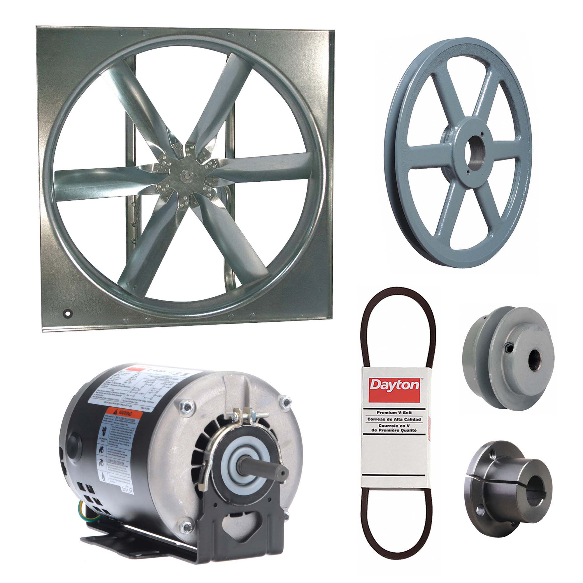 Supply Fan w/Drive Package: Belt Drive, 30 in Blade, Open Dripproof, 7, 713 cfm, 1 ph, 1/3 hp