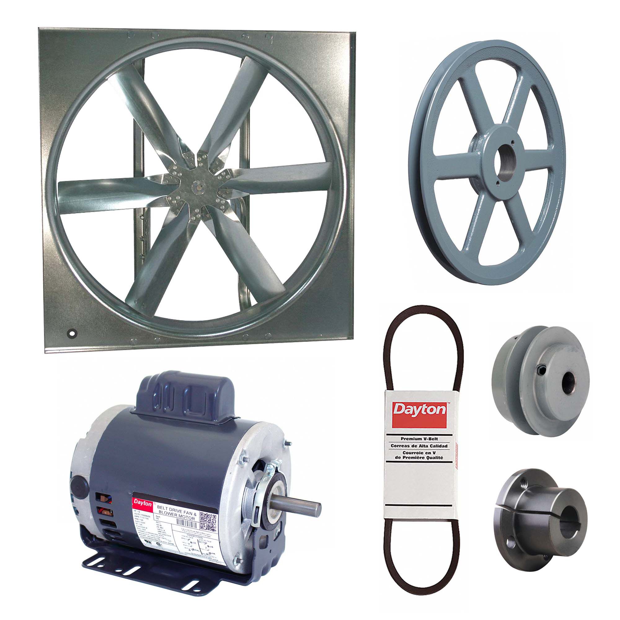 Supply Fan w/Drive Package: Belt Drive, 30 in Blade, Open Dripproof, 8, 867 cfm, 1 ph, 1/2 hp