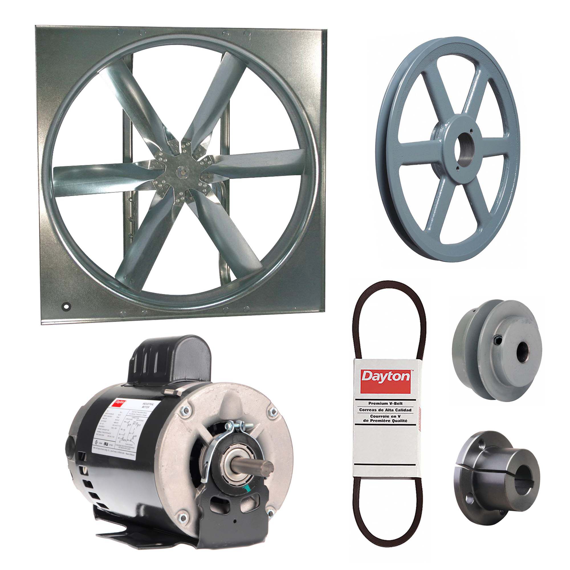 Supply Fan w/Drive Package: Belt Drive, 36 in Blade, Open Dripproof, 15, 253 cfm, 1 ph, 1 hp
