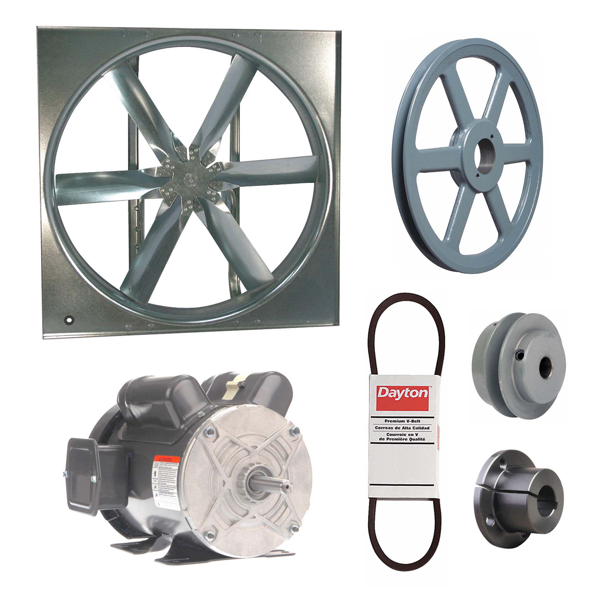 Supply Fan w/Drive Package: Belt Drive, 36 in Blade, Totally Enclosed, 15, 253 cfm, 1 ph, 1 hp
