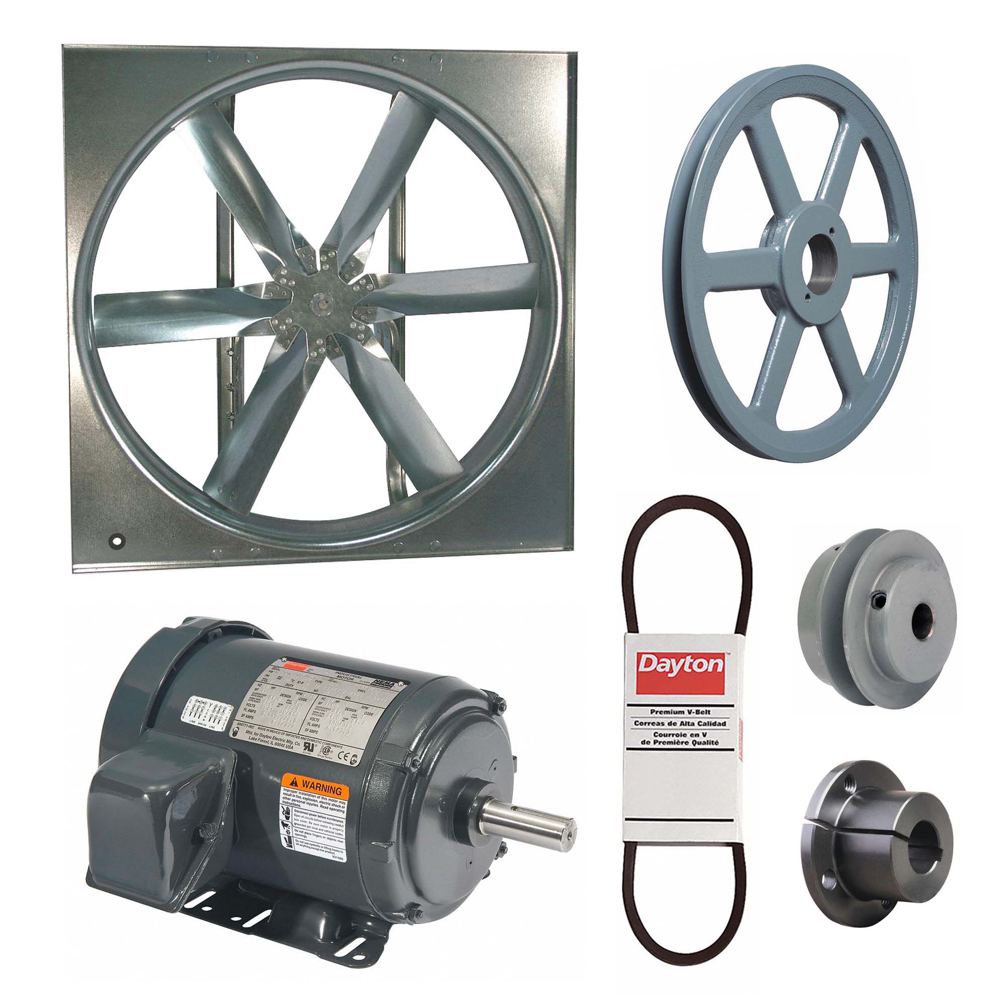Supply Fan w/Drive Package: Belt Drive, 36 in Blade, Totally Enclosed, 15, 253 cfm, 3 ph, 1 hp