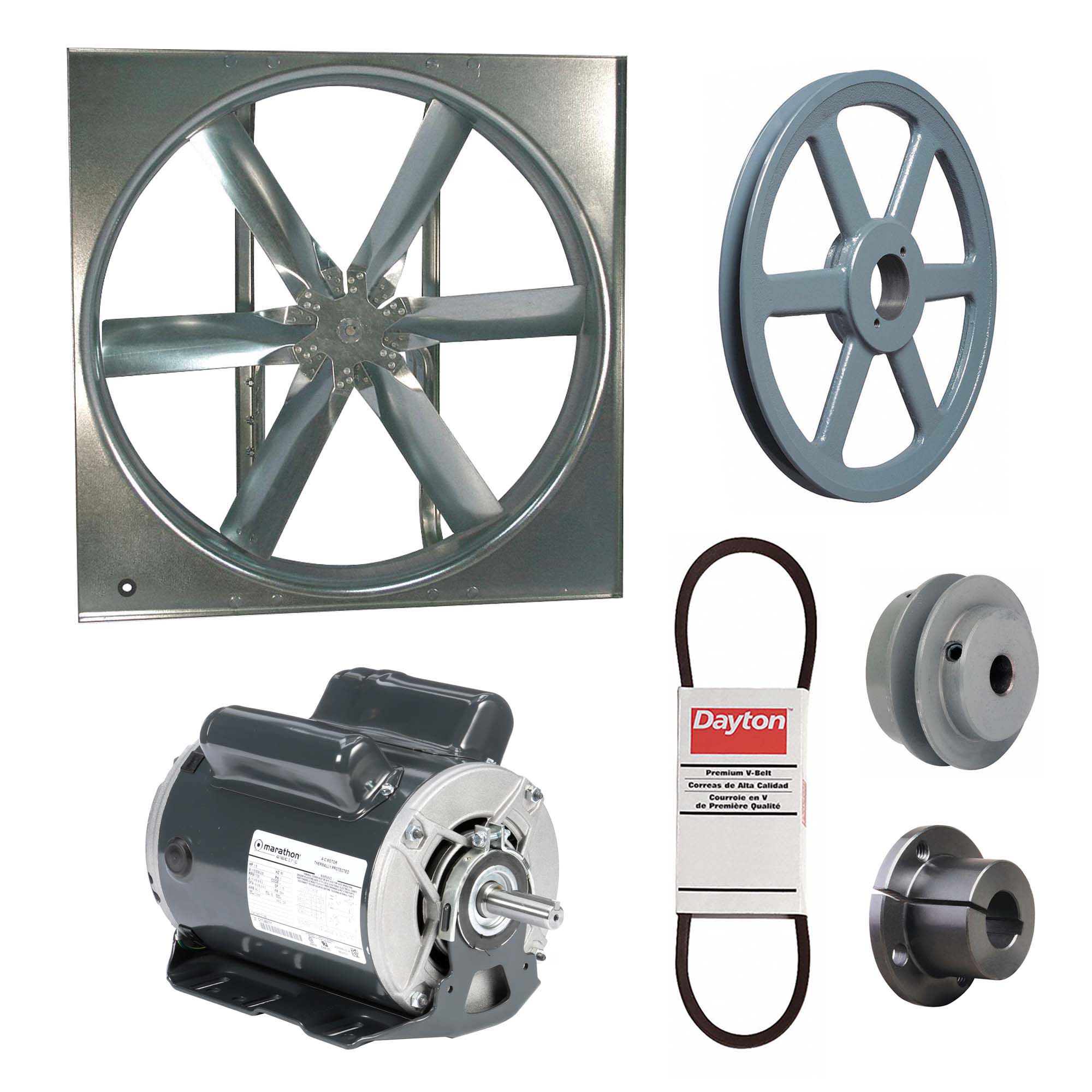 Supply Fan w/Drive Package: Belt Drive, 36 in Blade, Open Dripproof, 17, 407 cfm, 1 ph
