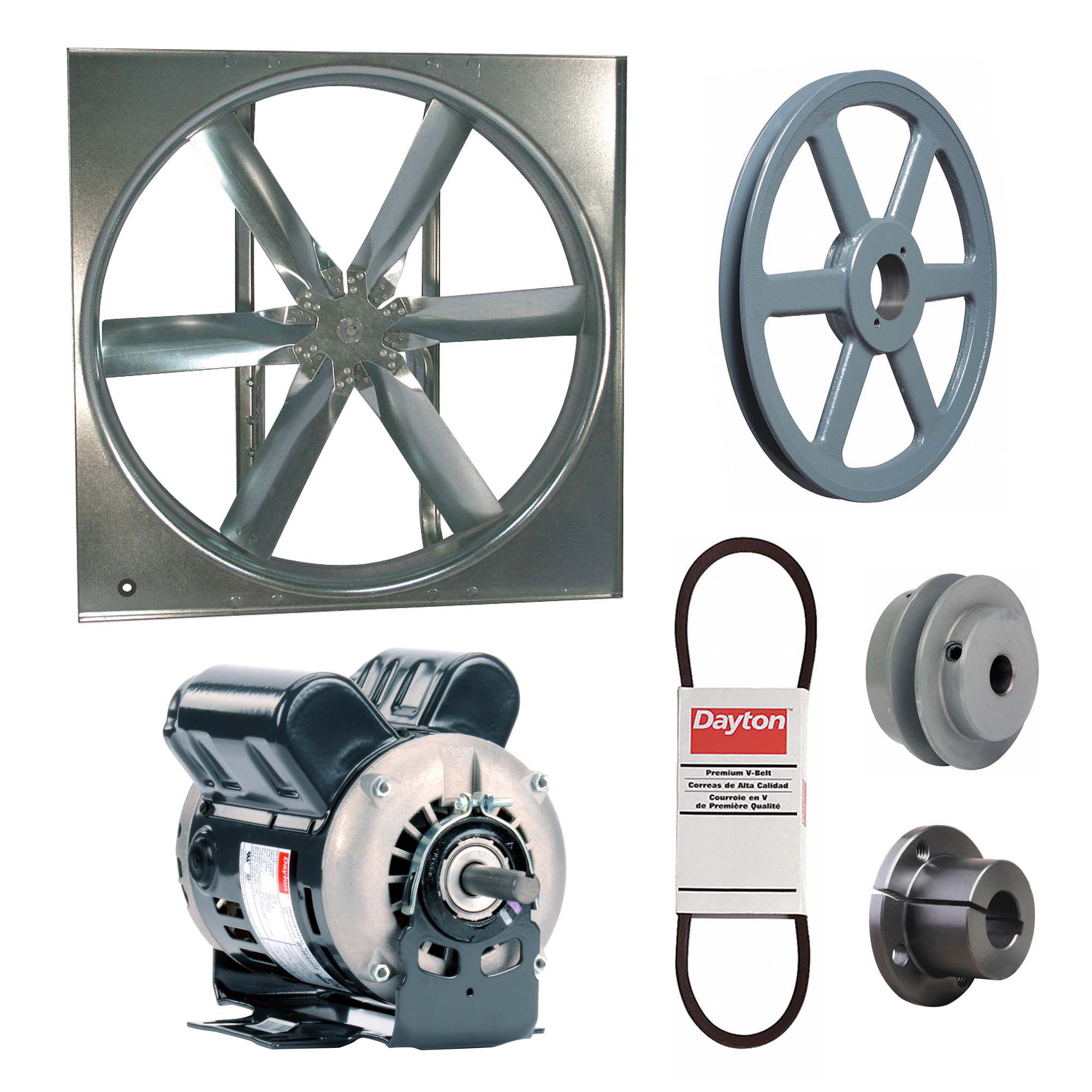 Supply Fan w/Drive Package: Belt Drive, 42 in Blade, Open Dripproof, 14, 712 cfm, 115/230V AC