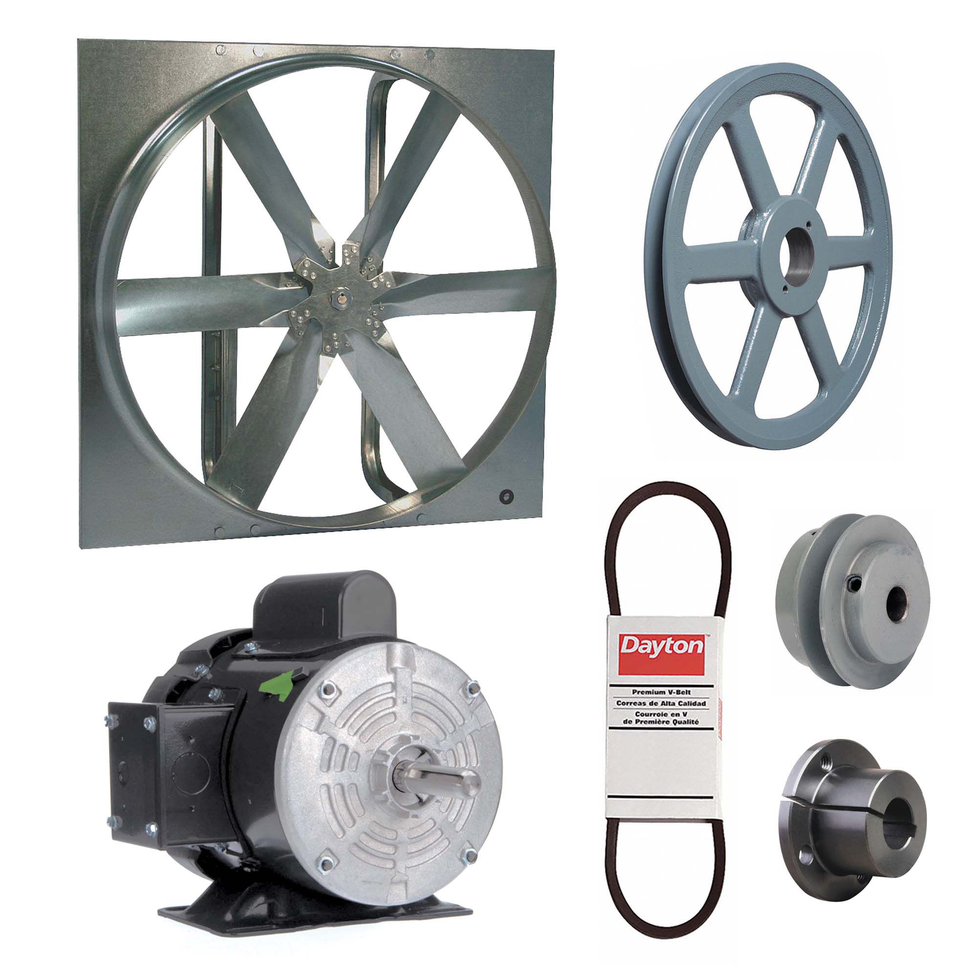Exhaust Fan with Drive Package: Belt Drive, 24 in Blade, 1/4 hp, 4, 826 cfm, 115/208-230V AC, 1 ph
