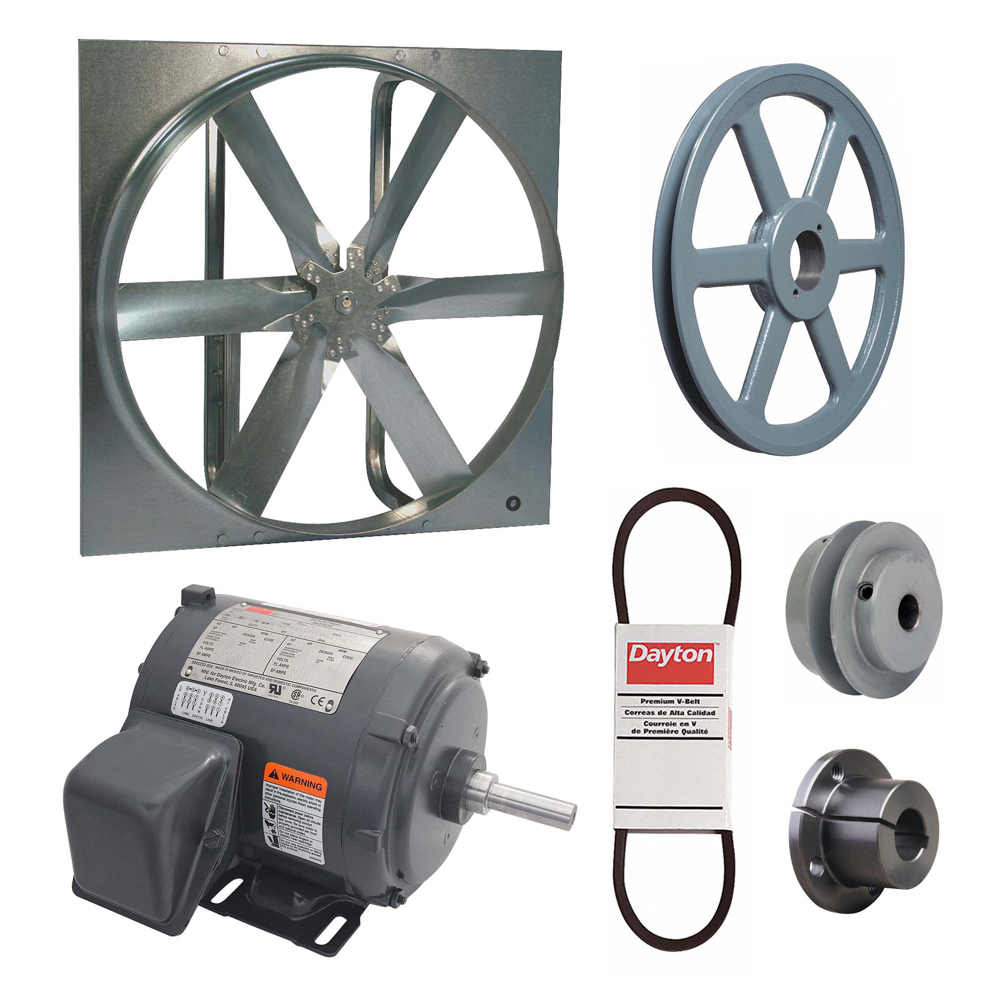 Exhaust Fan with Drive Package: Belt Drive, 24 in Blade, 1/4 hp, 4, 826 cfm, 230/460V AC, 3 ph
