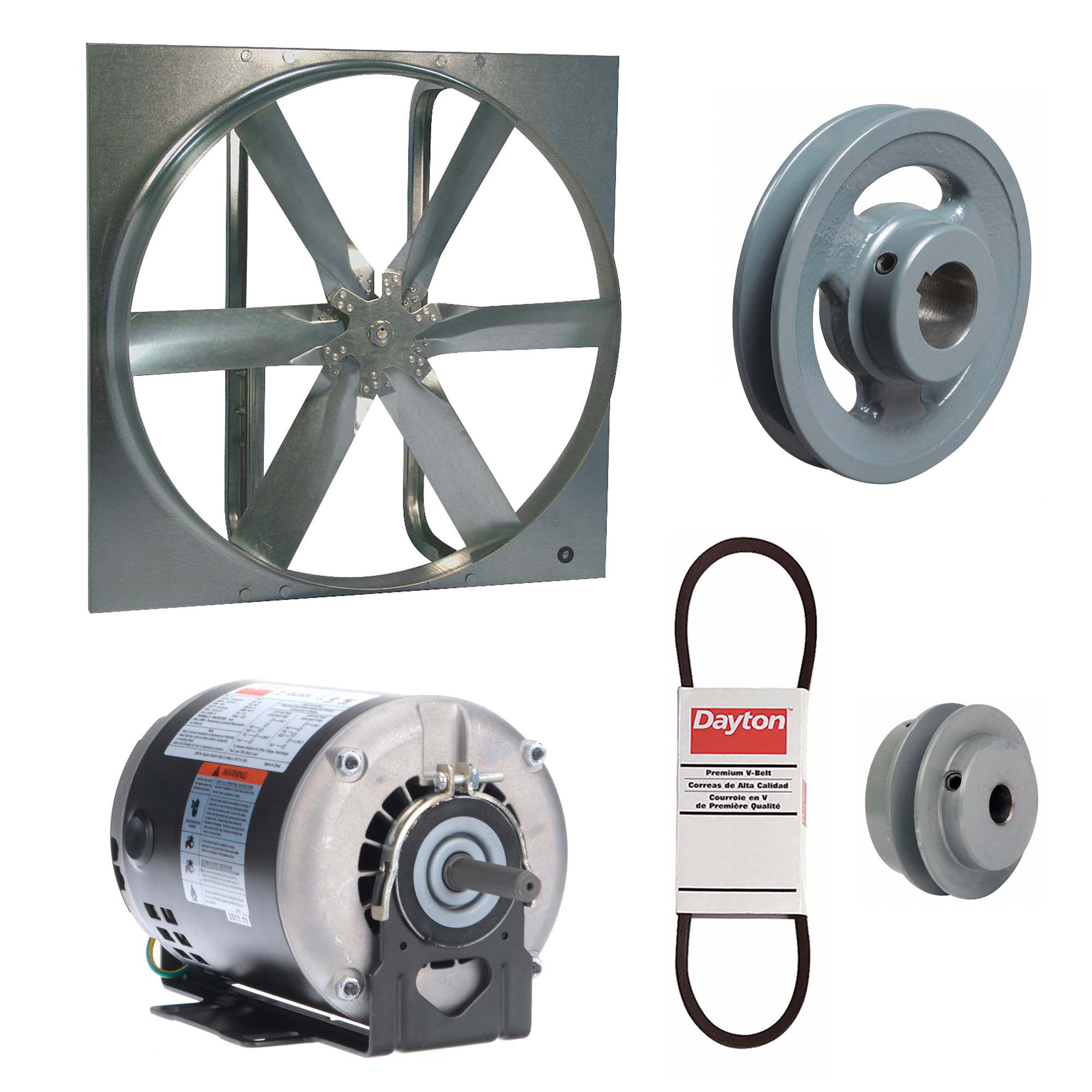 Exhaust Fan with Drive Package: Belt Drive, 24 in Blade, 1/3 hp, 5, 292 cfm, 115/208-230V AC, 1 ph