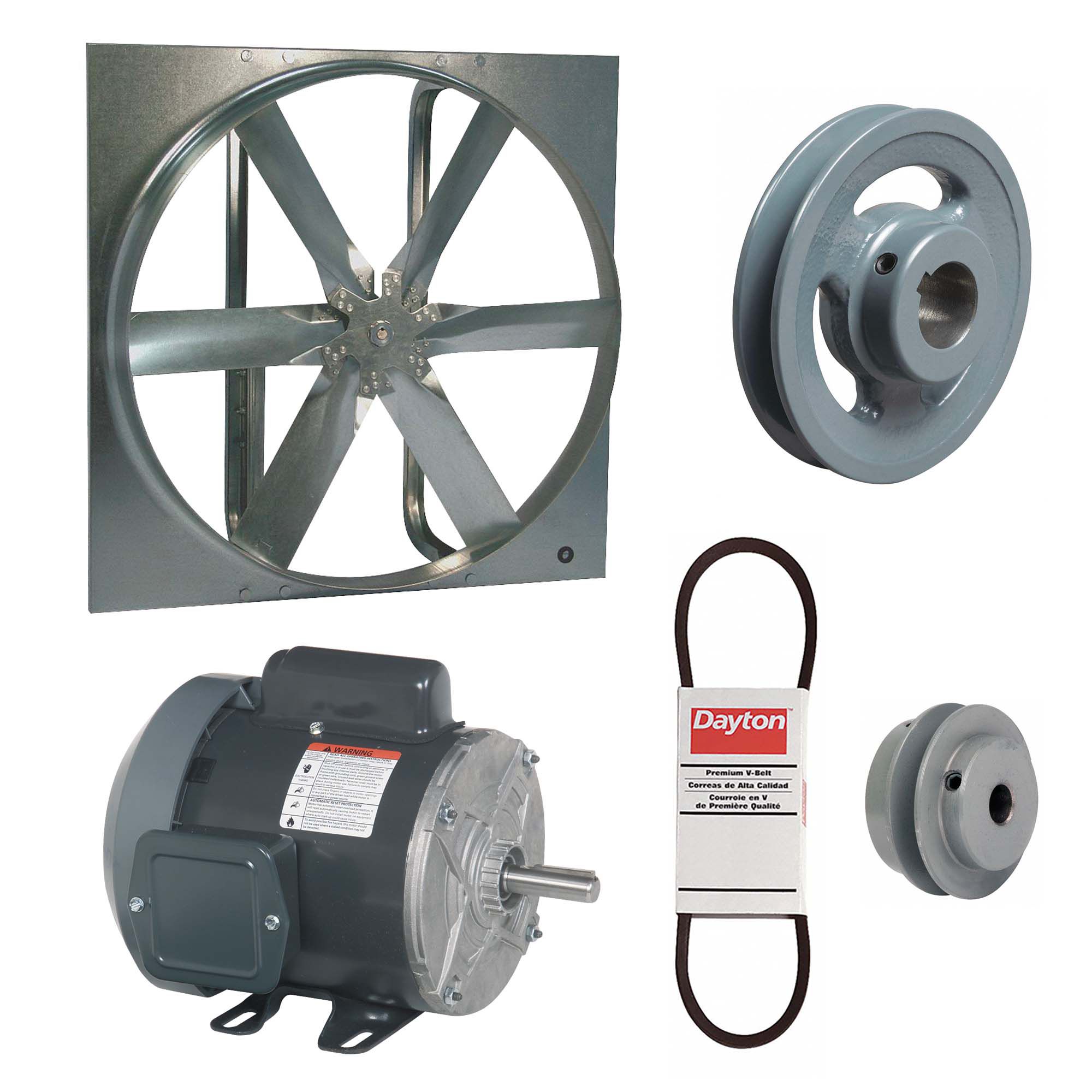 Exhaust Fan with Drive Package: Belt Drive, 24 in Blade, 1/3 hp, 5, 292 cfm, 115/208-230V AC, 1 ph