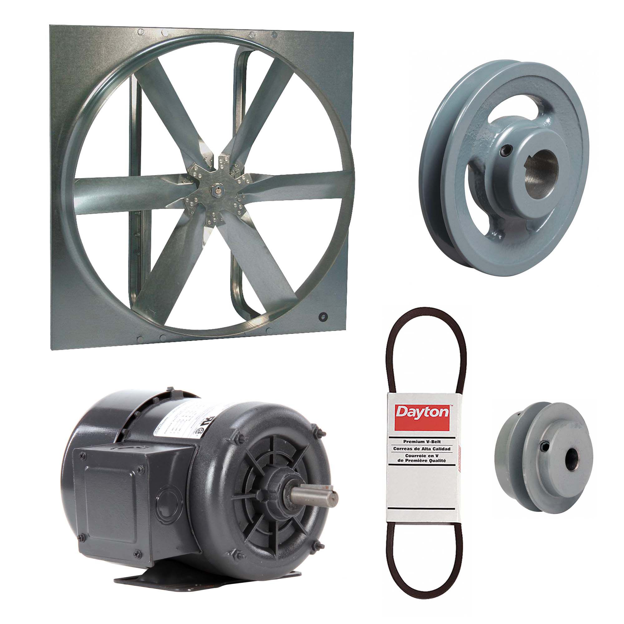 Exhaust Fan with Drive Package: Belt Drive, 24 in Blade, 1/3 hp, 5, 292 cfm, 230/460V AC, 3 ph