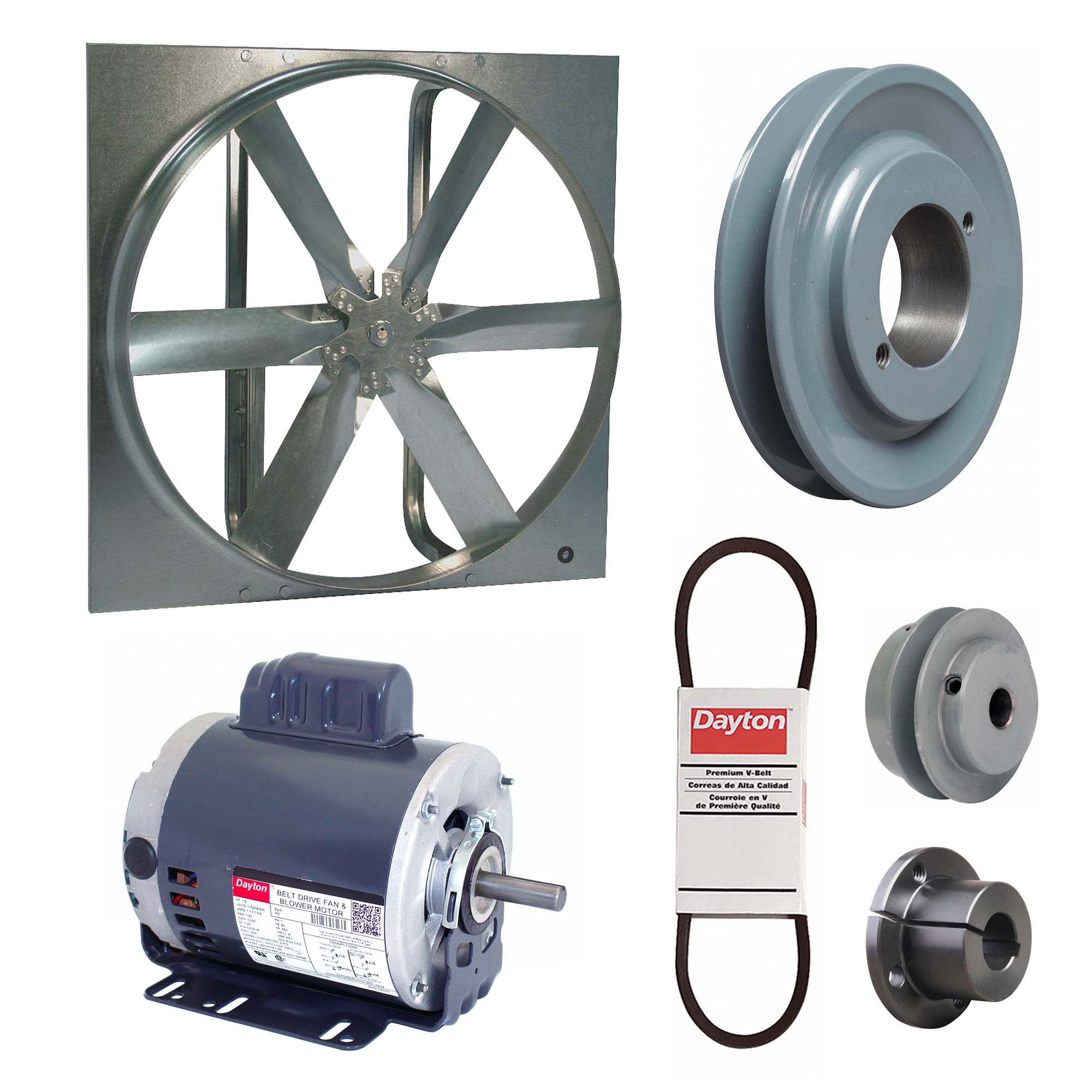 Exhaust Fan with Drive Package: Belt Drive, 24 in Blade, 1/2 hp, 6, 175 cfm, 115/208-230V AC, 1 ph
