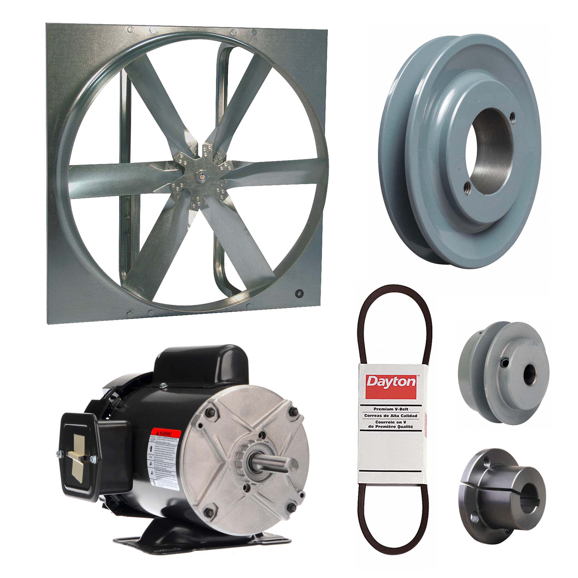 Exhaust Fan with Drive Package: Belt Drive, 24 in Blade, 1/2 hp, 6, 175 cfm, 115/208-230V AC, 1 ph