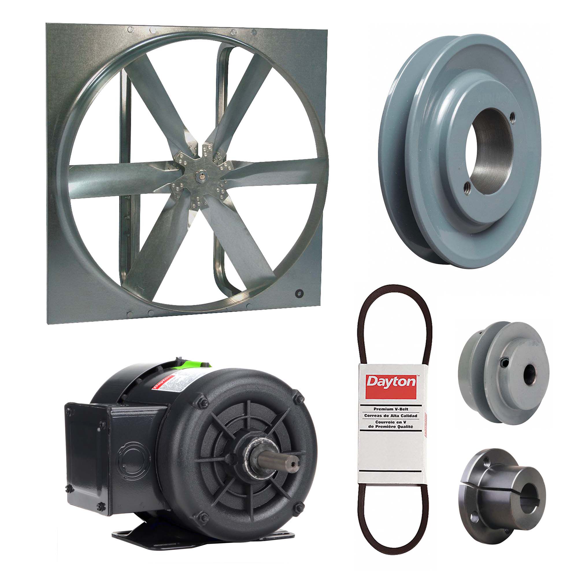 Exhaust Fan with Drive Package: Belt Drive, 24 in Blade, 1/2 hp, 6, 175 cfm, 208-230/460V AC, 3 ph