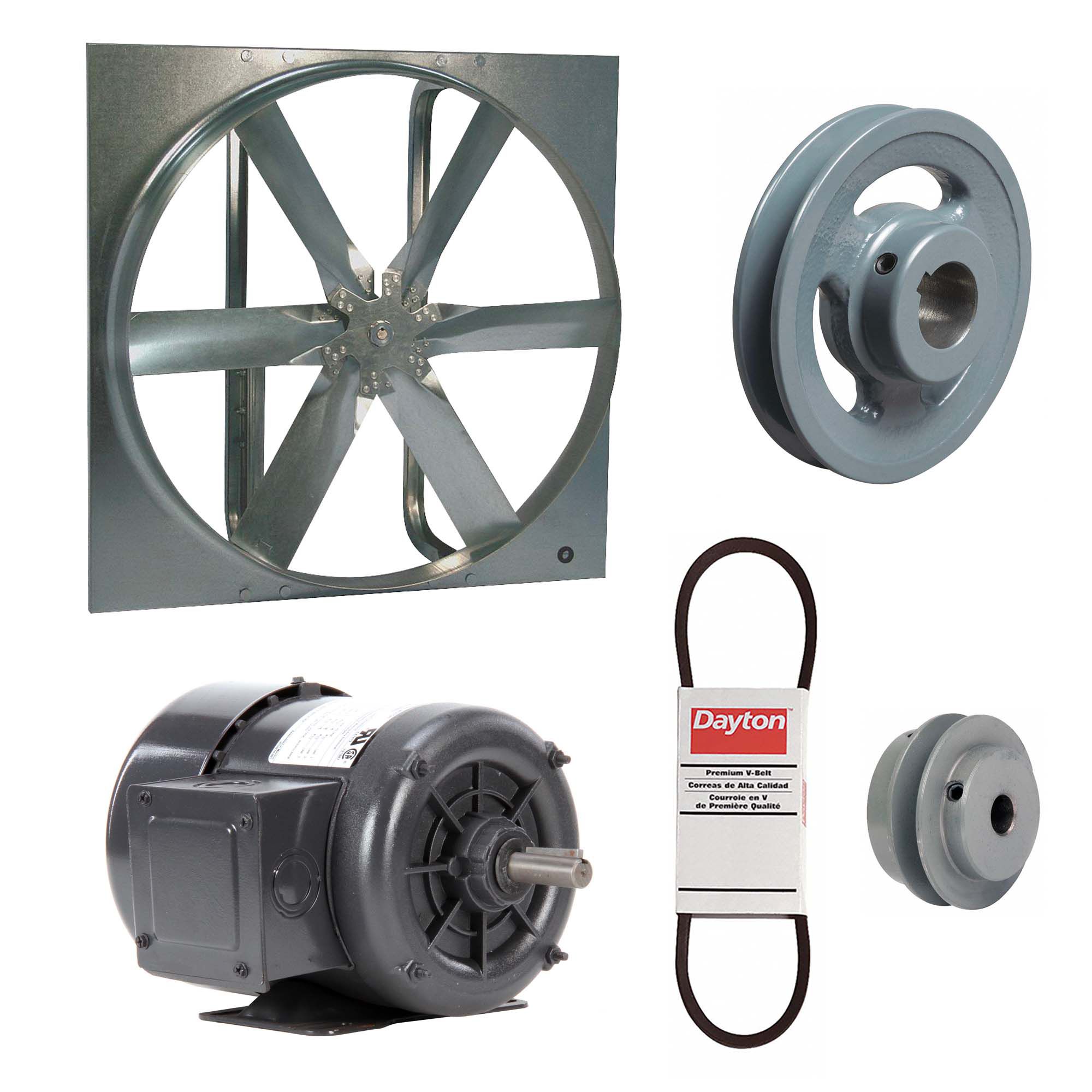 Exhaust Fan with Drive Package: Belt Drive, 24 in Blade, 3/4 hp, 7, 069 cfm, 208-230/460V AC, 3 ph