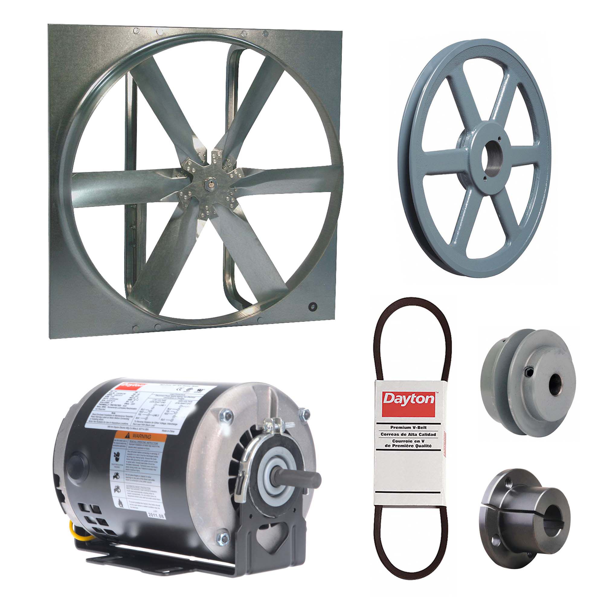 Exhaust Fan with Drive Package: Belt Drive, 30 in Blade, 1/4 hp, 7, 069 cfm, 115/208-230V AC, 1 ph