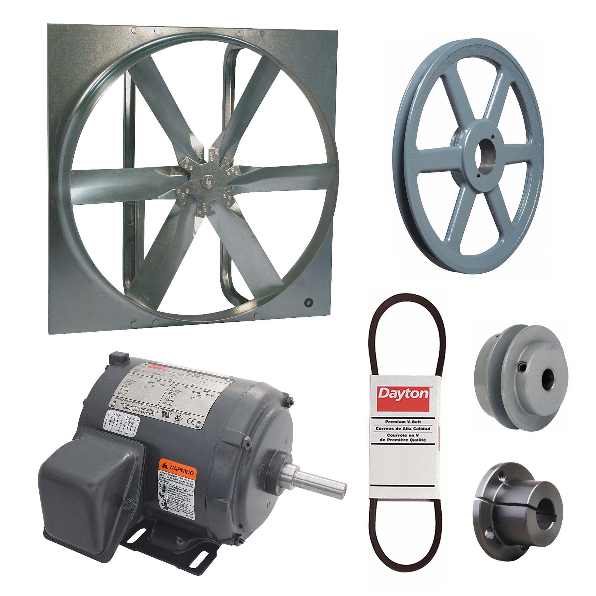 Exhaust Fan with Drive Package: Belt Drive, 30 in Blade, 1/4 hp, 7, 069 cfm, 230/460V AC, 3 ph