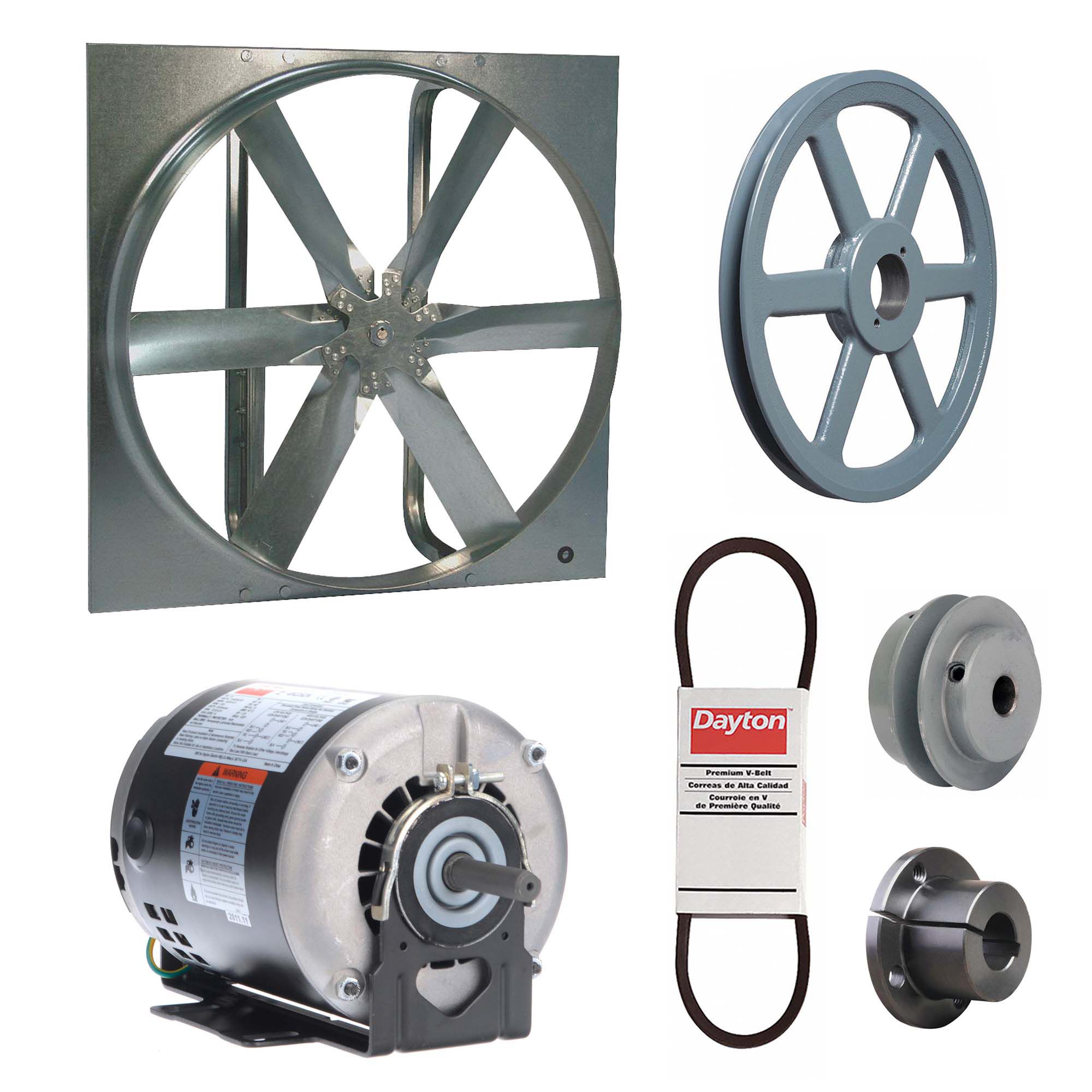 Exhaust Fan with Drive Package: Belt Drive, 30 in Blade, 1/3 hp, 7, 713 cfm, 115/208-230V AC, 1 ph