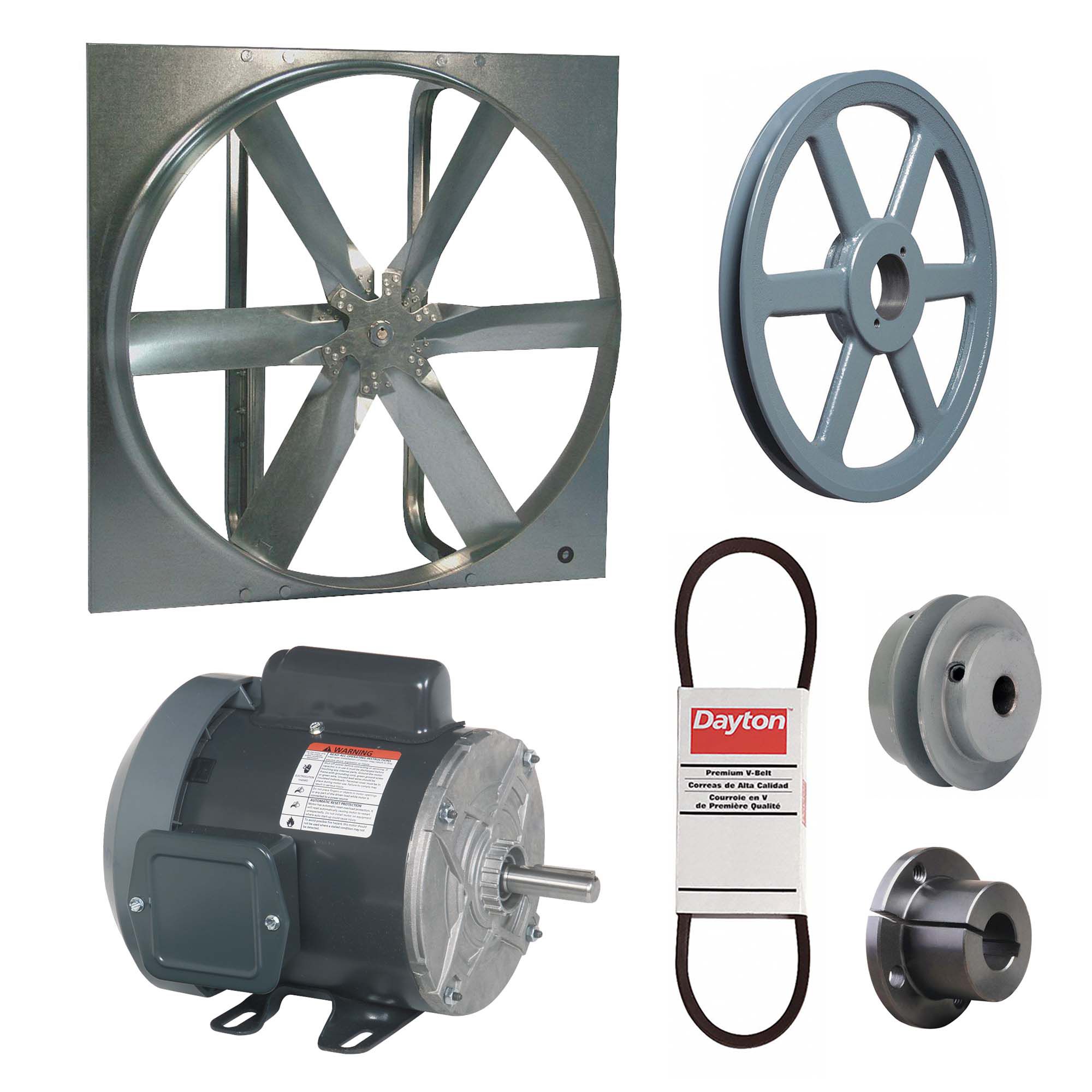 Exhaust Fan with Drive Package: Belt Drive, 30 in Blade, 1/3 hp, 7, 713 cfm, 115/208-230V AC, 1 ph