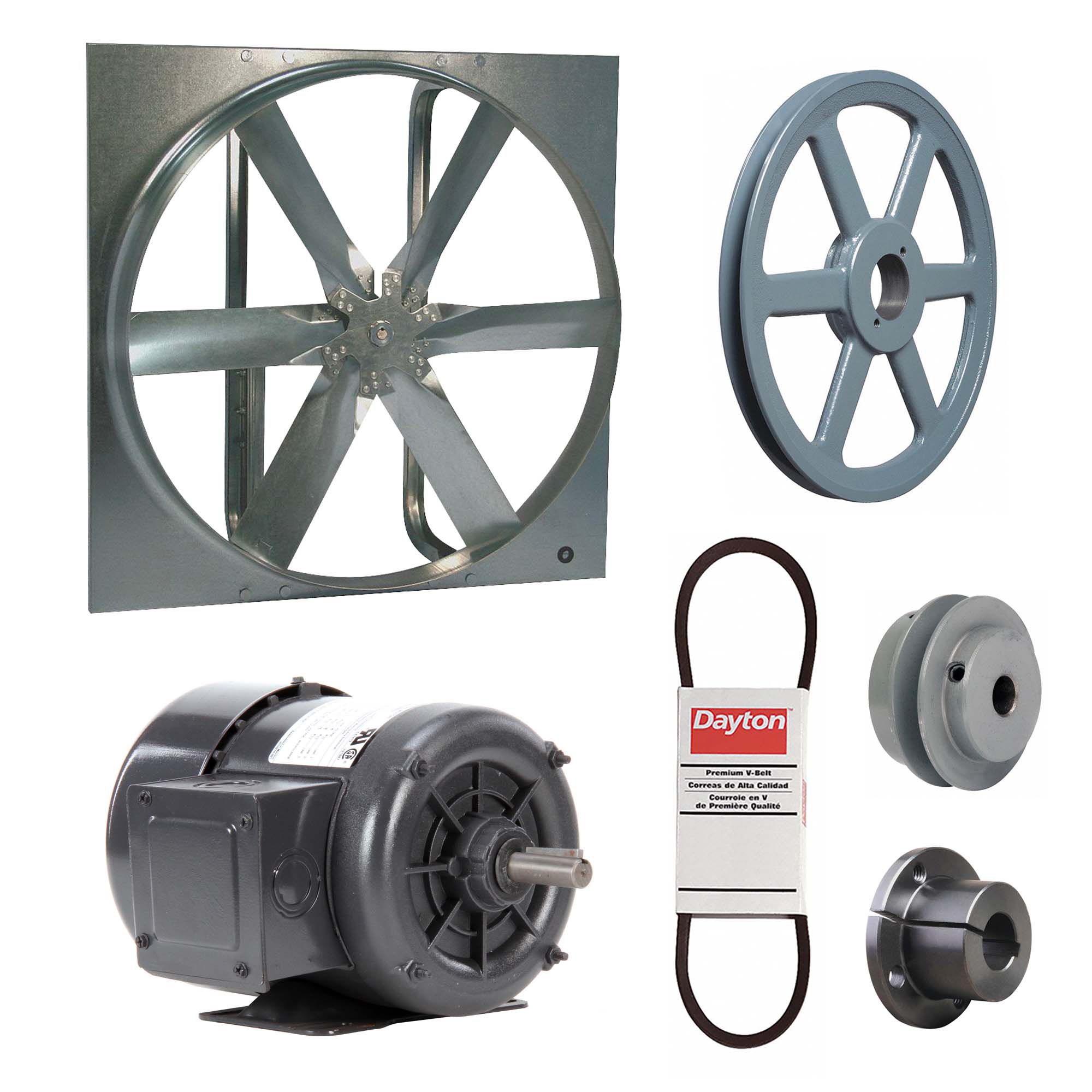 Exhaust Fan with Drive Package: Belt Drive, 30 in Blade, 1/3 hp, 7, 713 cfm, 230/460V AC, 3 ph