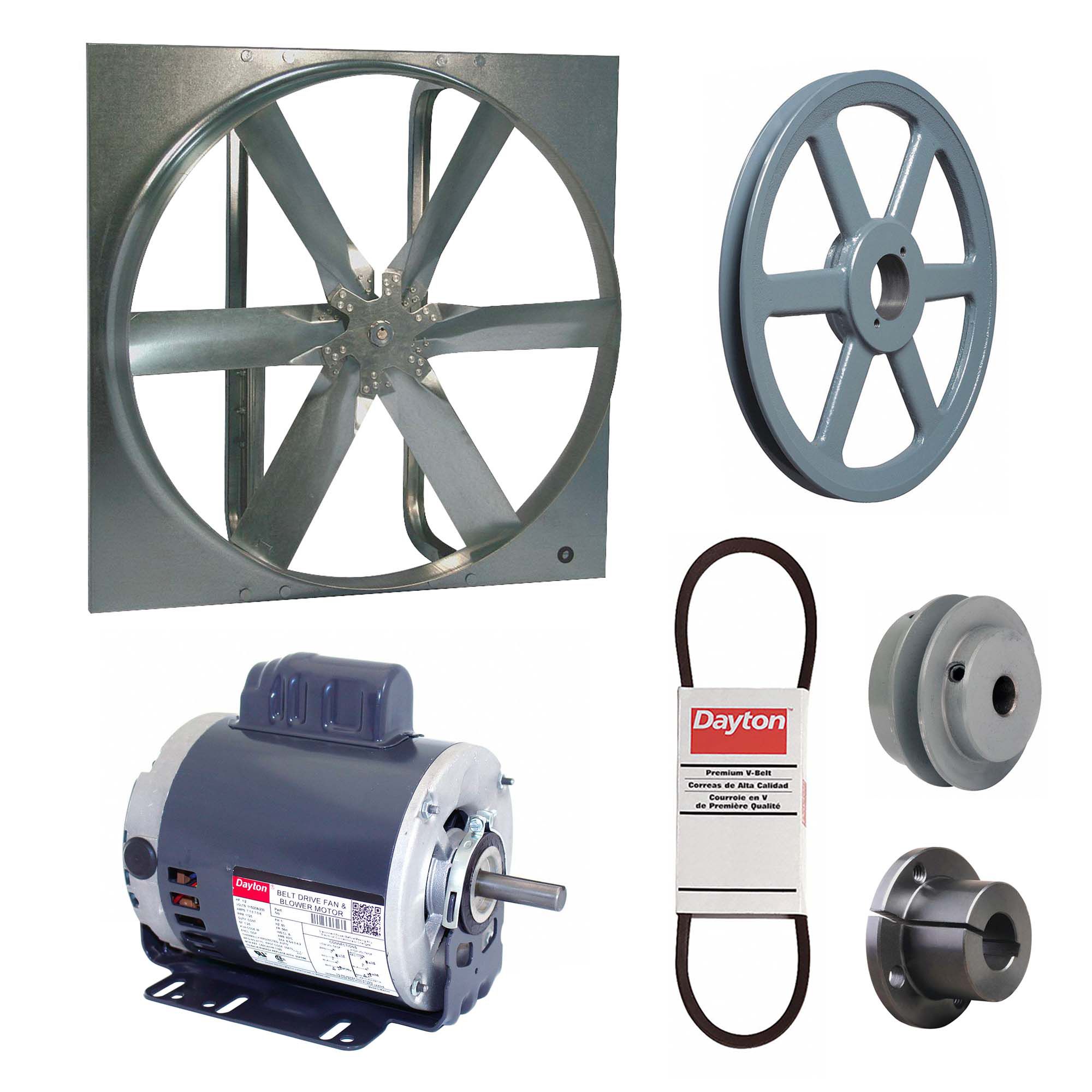 Exhaust Fan with Drive Package: Belt Drive, 30 in Blade, 1/2 hp, 8, 867 cfm, 115/208-230V AC, 1 ph