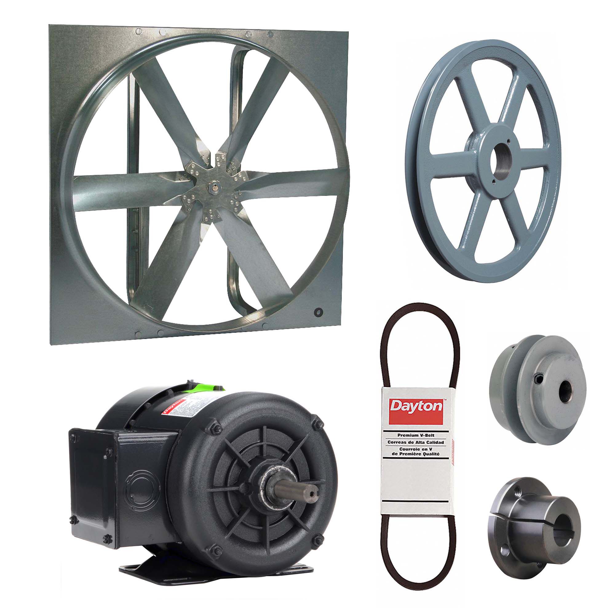 Exhaust Fan with Drive Package: Belt Drive, 30 in Blade, 1/2 hp, 8, 867 cfm, 208-230/460V AC, 3 ph