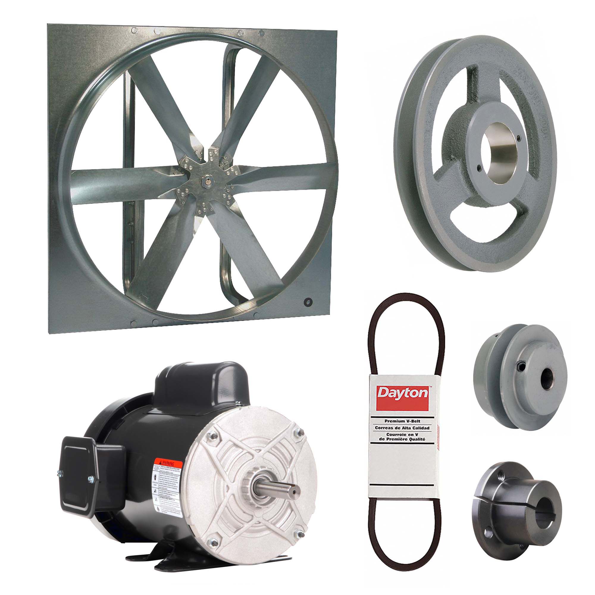 Exhaust Fan with Drive Package: Belt Drive, 30 in Blade, 3/4 hp, 10, 078 cfm, 115/208-230V AC, 1 ph