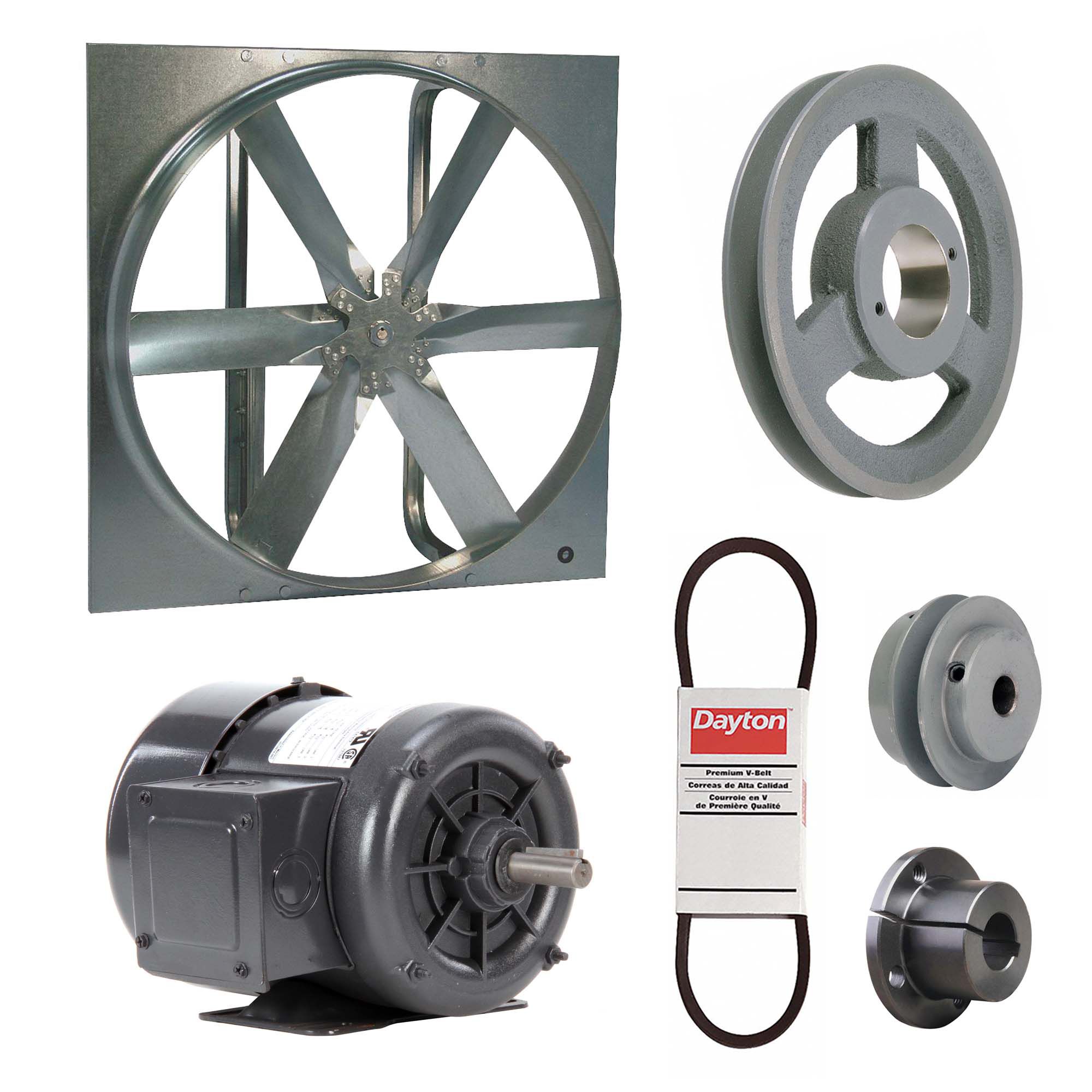 Exhaust Fan with Drive Package: Belt Drive, 30 in Blade, 3/4 hp, 10, 078 cfm, 208-230/460V AC, 3 ph