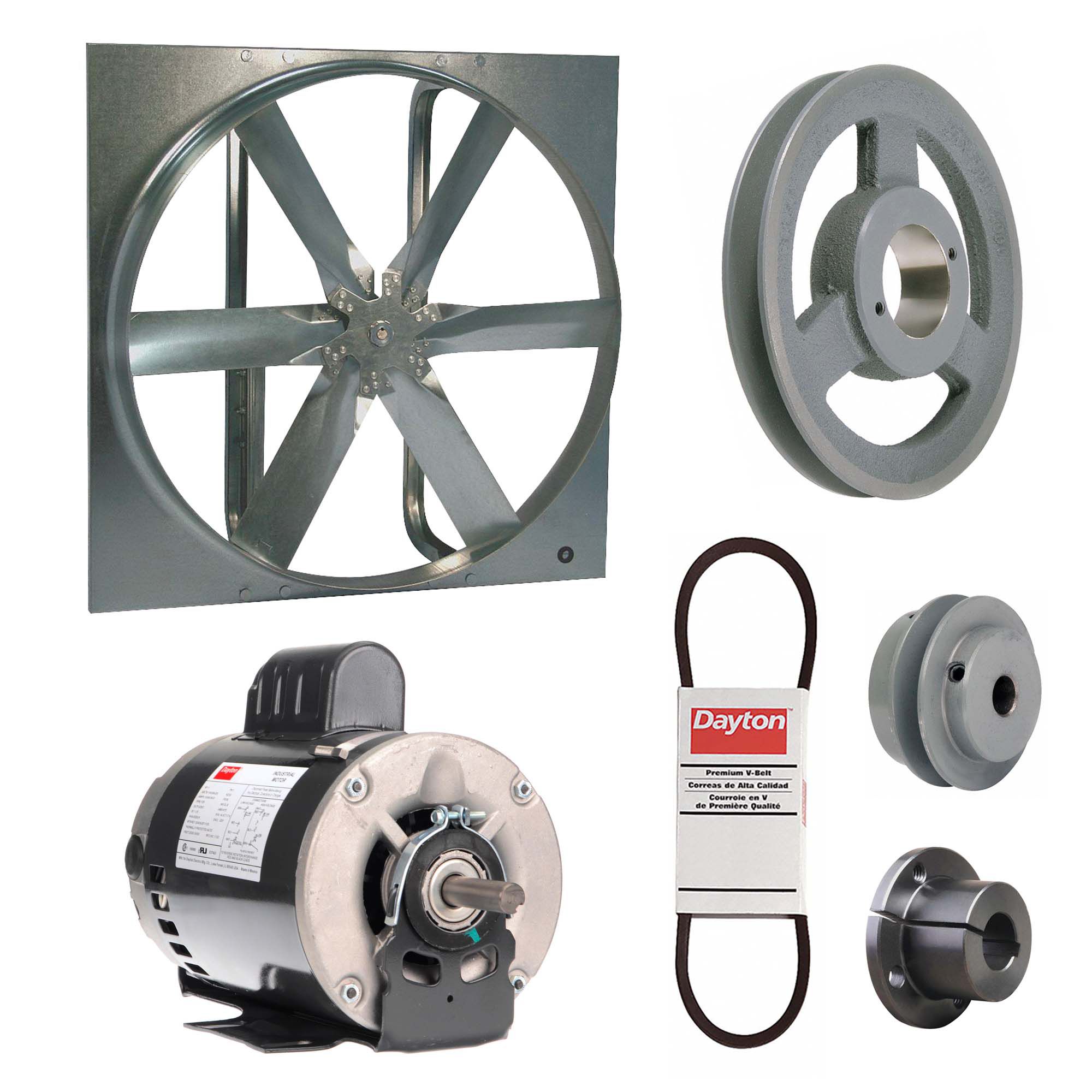 Exhaust Fan with Drive Package: Belt Drive, 30 in Blade, 1 hp, 11, 061 cfm, 115/208-230V AC, 1 ph