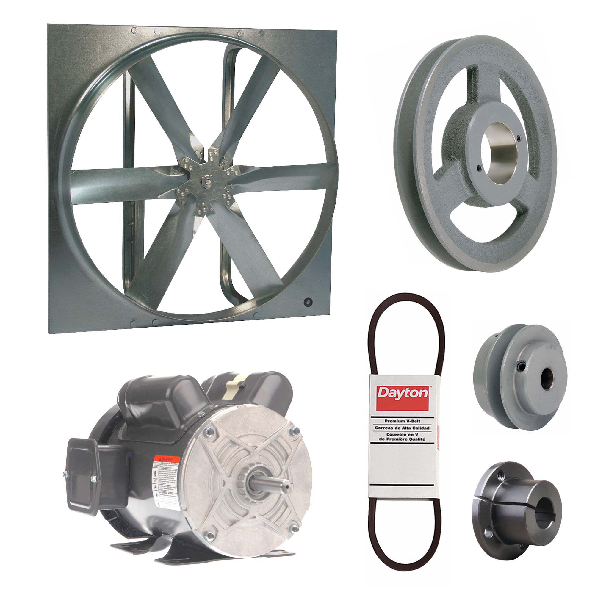 Exhaust Fan with Drive Package: Belt Drive, 30 in Blade, 1 hp, 11, 061 cfm, 115/208-230V AC, 1 ph
