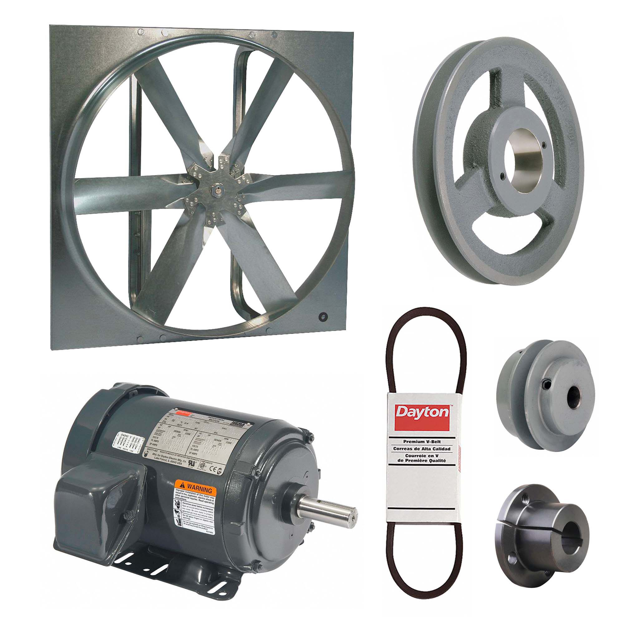 Exhaust Fan with Drive Package: Belt Drive, 30 in Blade, 1 hp, 11, 061 cfm, 230/460V AC, 3 ph