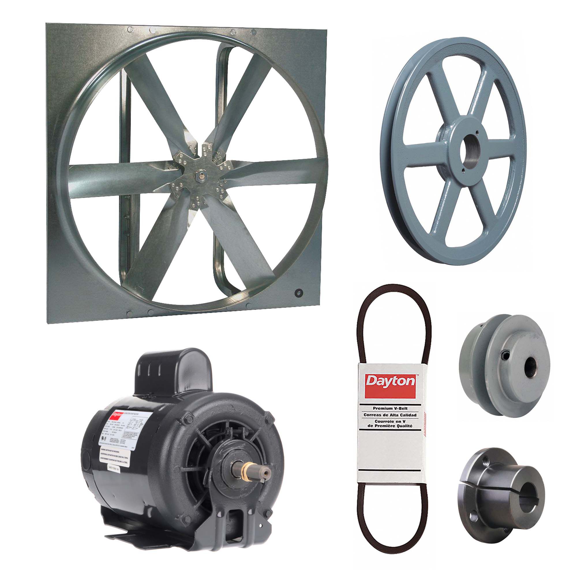Exhaust Fan with Drive Package: Belt Drive, 36 in Blade, 3/4 hp, 13, 802 cfm, 115/230V AC, 1 ph
