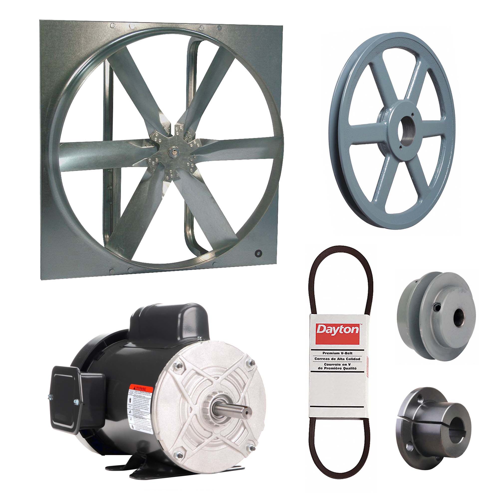 Exhaust Fan with Drive Package: Belt Drive, 36 in Blade, 3/4 hp, 13, 802 cfm, 115/208-230V AC, 1 ph