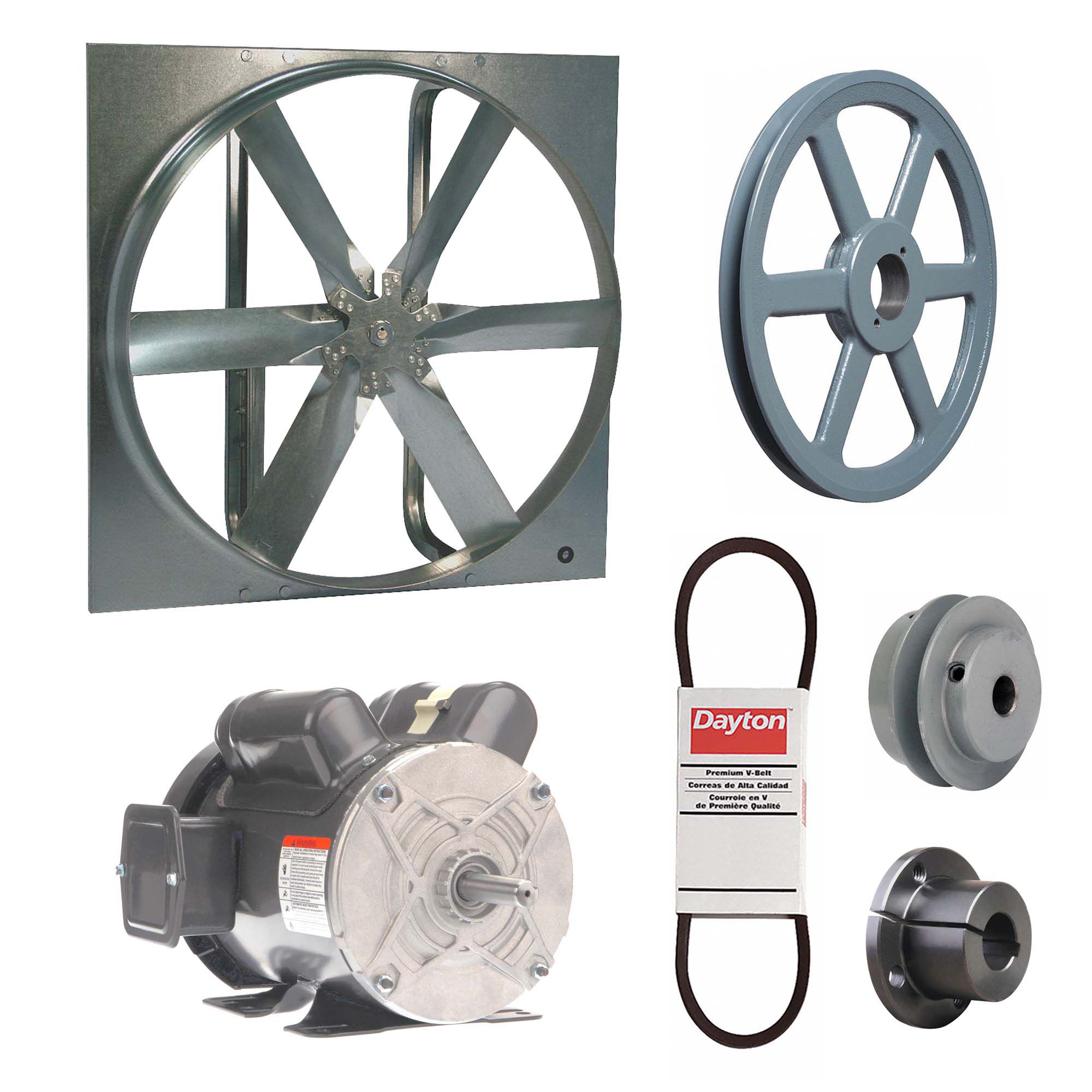 Exhaust Fan with Drive Package: Belt Drive, 36 in Blade, 1 hp, 15, 253 cfm, 115/208-230V AC, 1 ph