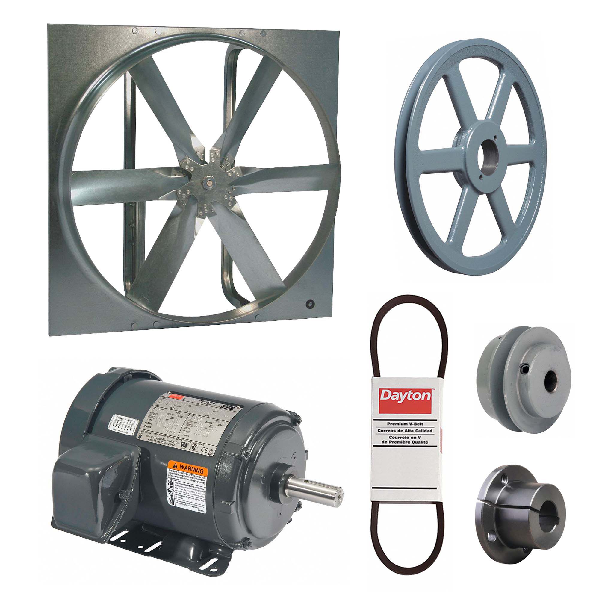 Exhaust Fan with Drive Package: Belt Drive, 36 in Blade, 1 1/2 hp, 17, 407 cfm, 208-230/460V AC, 3 ph
