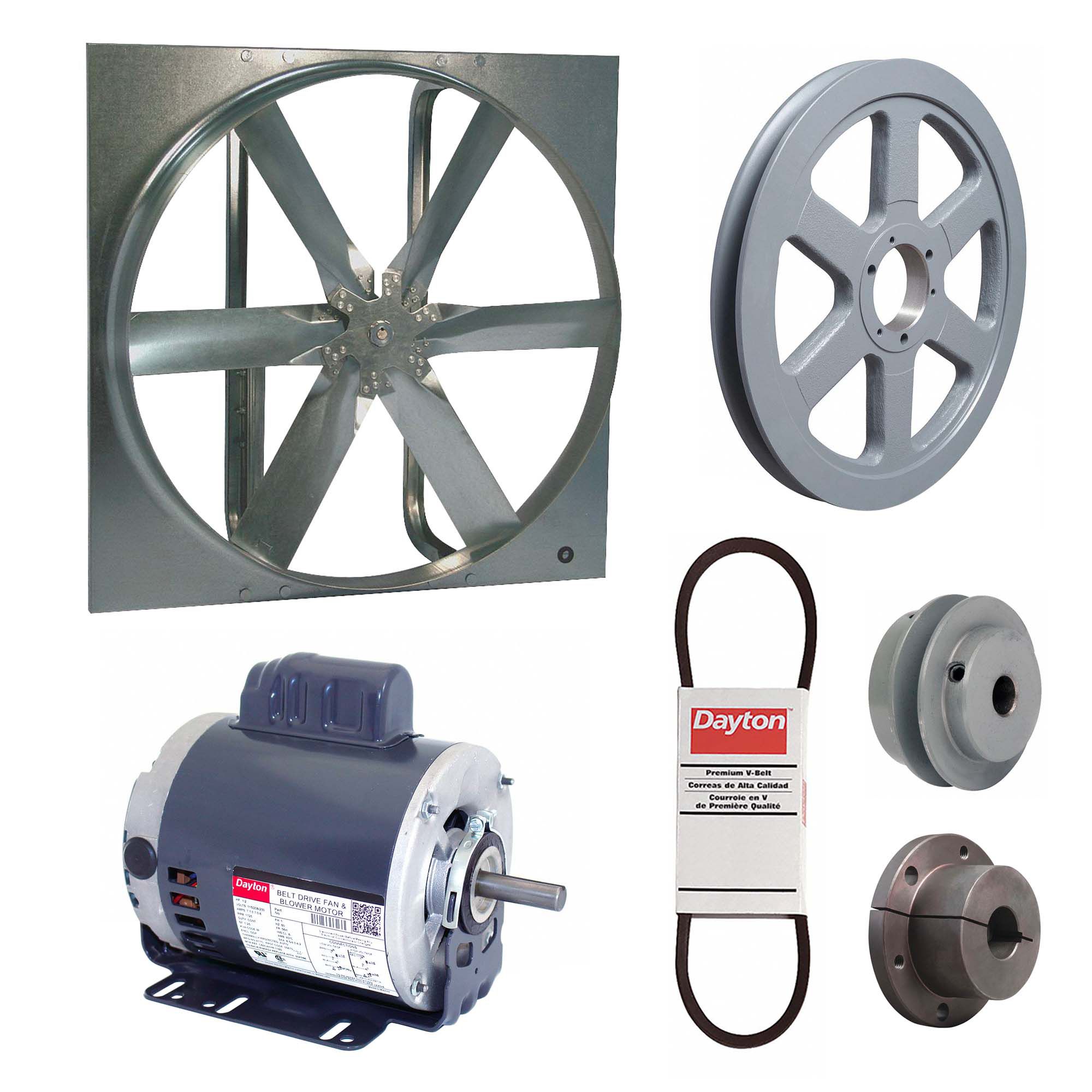 Exhaust Fan with Drive Package: Belt Drive, 48 in Blade, 1/2 hp, 17, 349 cfm, 115/208-230V AC, 1 ph