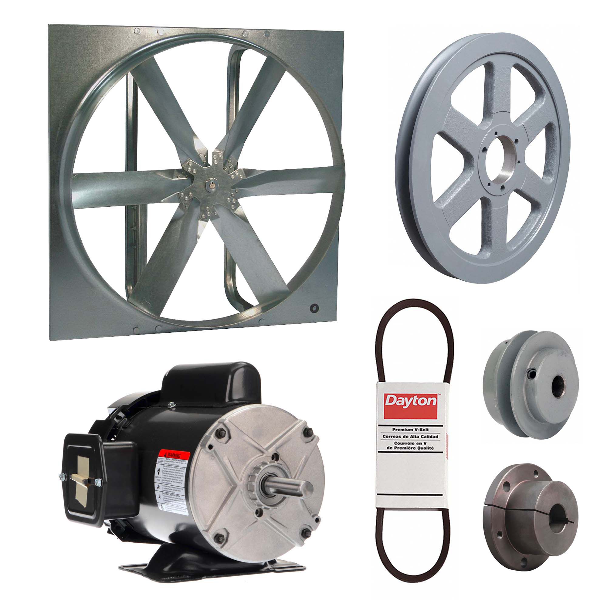 Exhaust Fan with Drive Package: Belt Drive, 48 in Blade, 1/2 hp, 17, 349 cfm, 115/208-230V AC, 1 ph