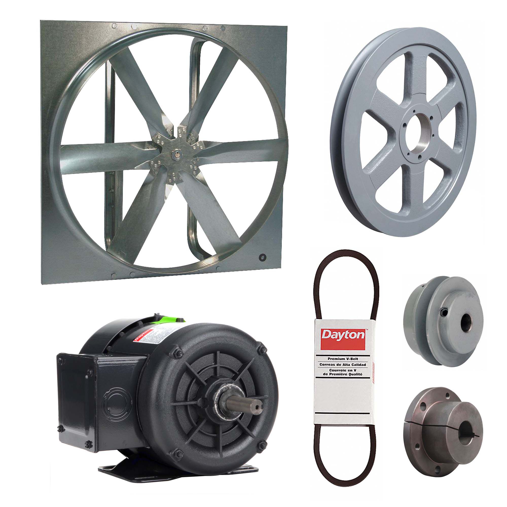 Exhaust Fan with Drive Package: Belt Drive, 48 in Blade, 1/2 hp, 17, 349 cfm, 208-230/460V AC, 3 ph
