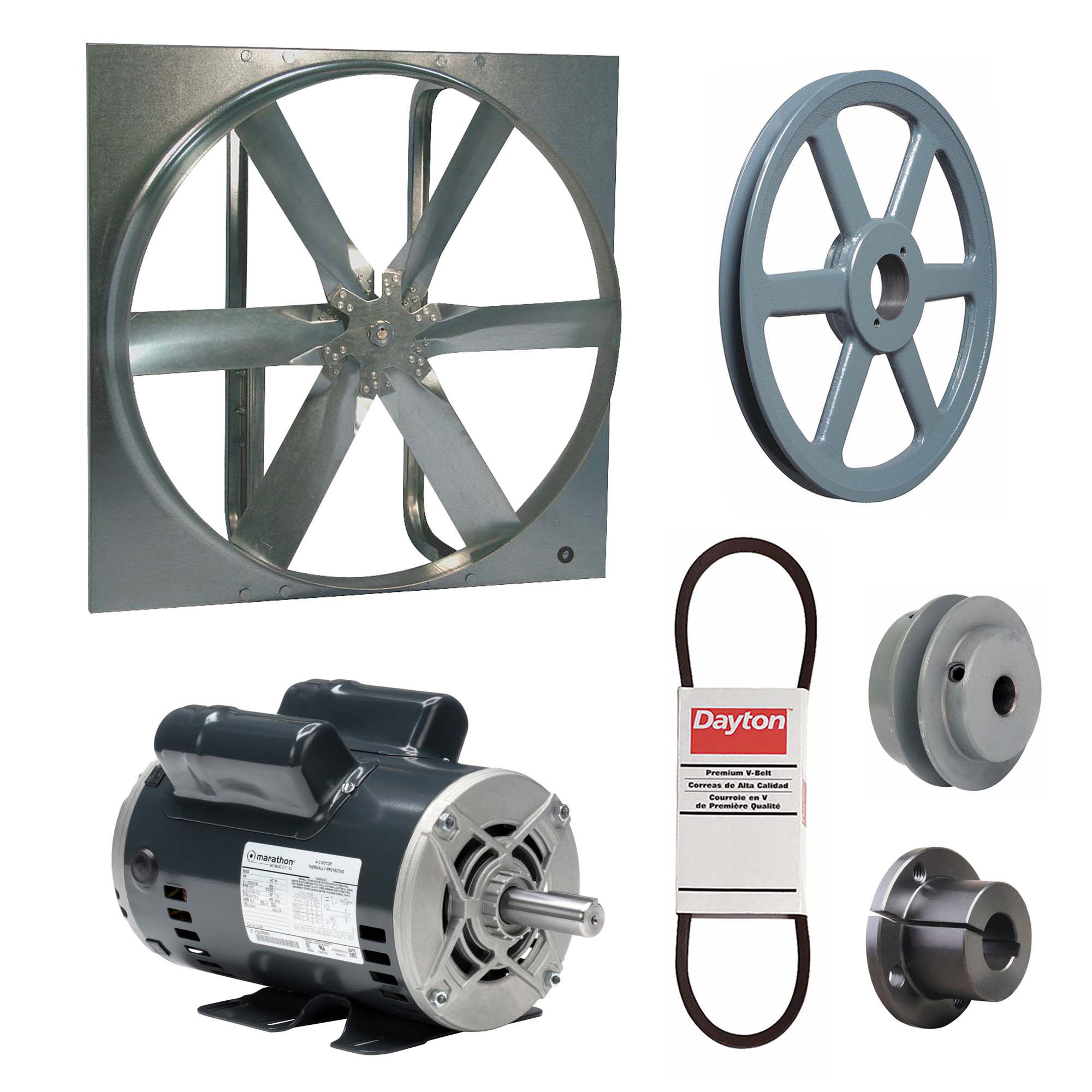 Exhaust Fan with Drive Package: Belt Drive, 48 in Blade, 2 hp, 27, 474 cfm, 115/208-230V AC, 1 ph
